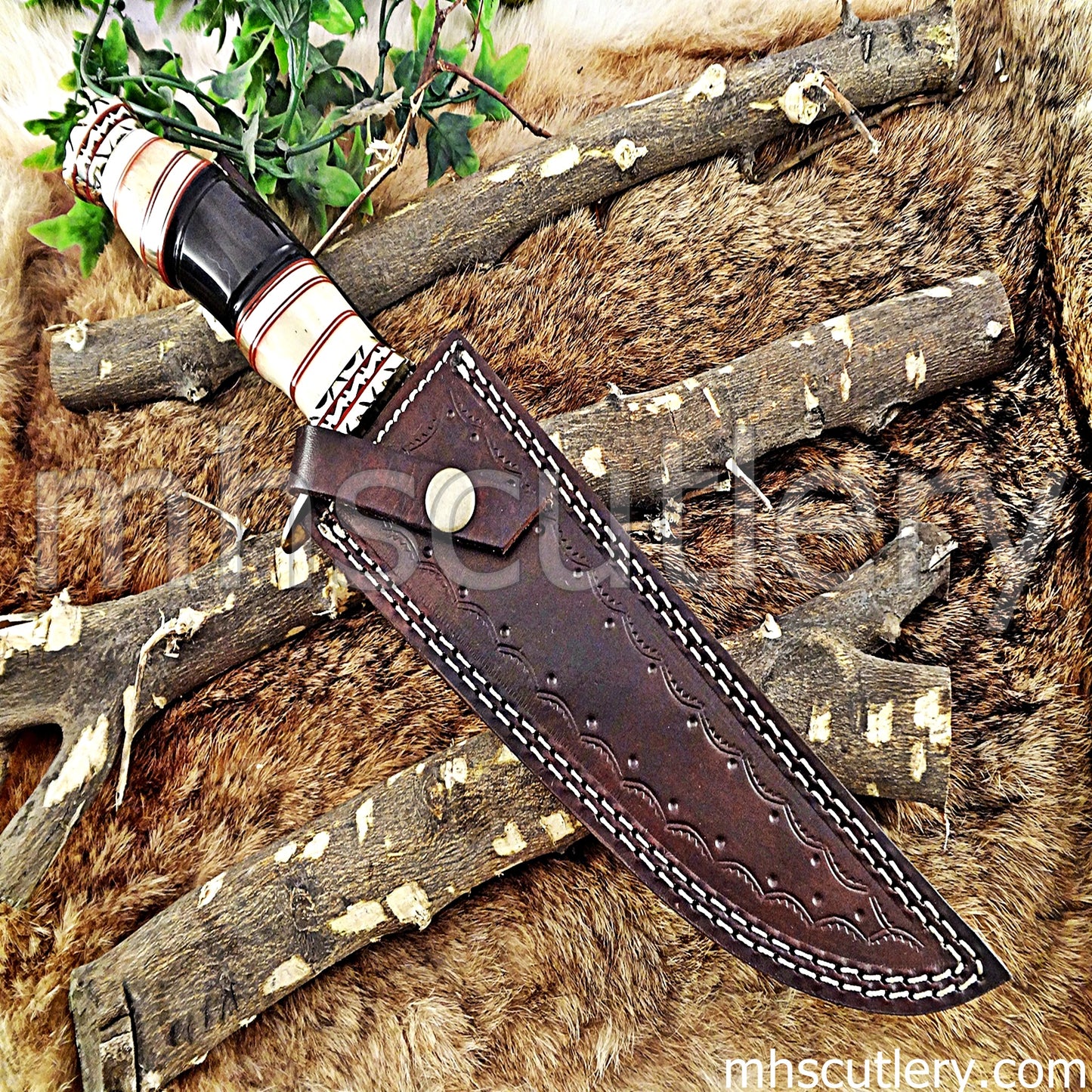 Damascus Steel Hunting Bowie Knife / Natural Handle | mhscutlery