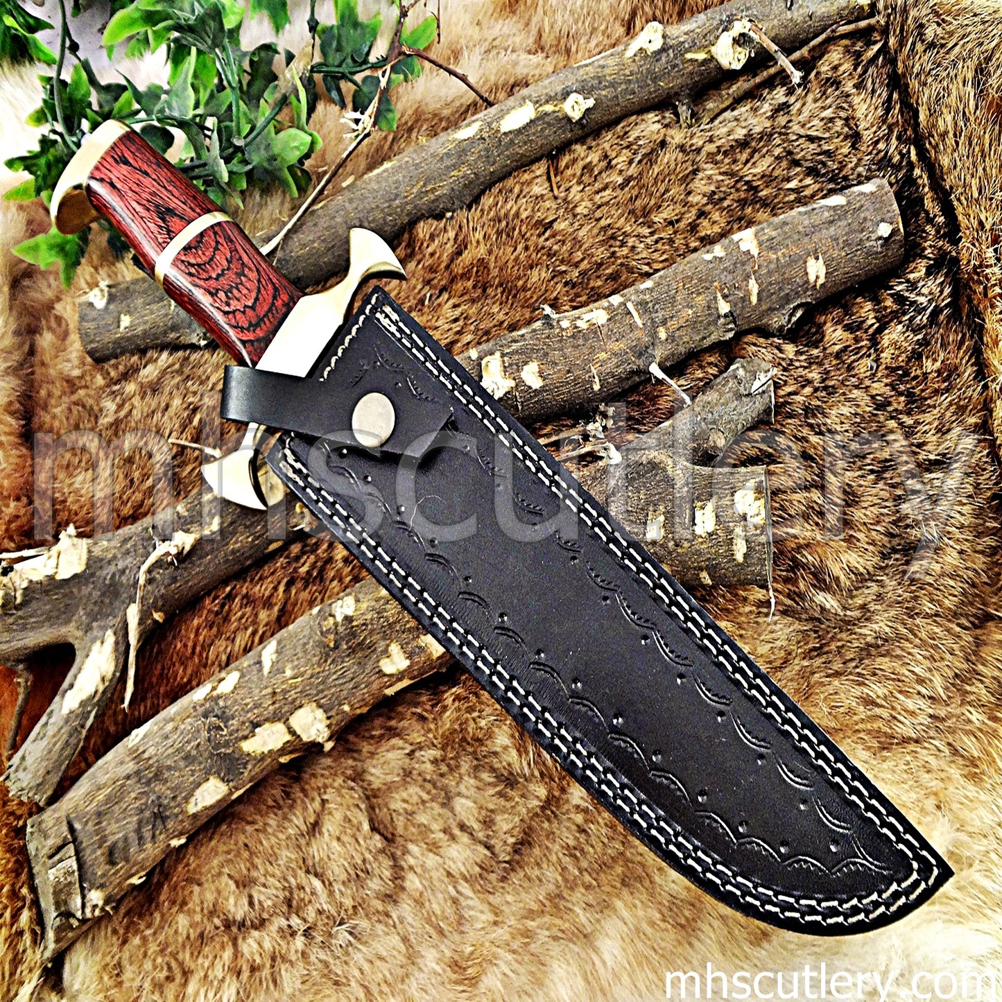 Damascus Steel Bowie Knife / Red Handle | mhscutlery