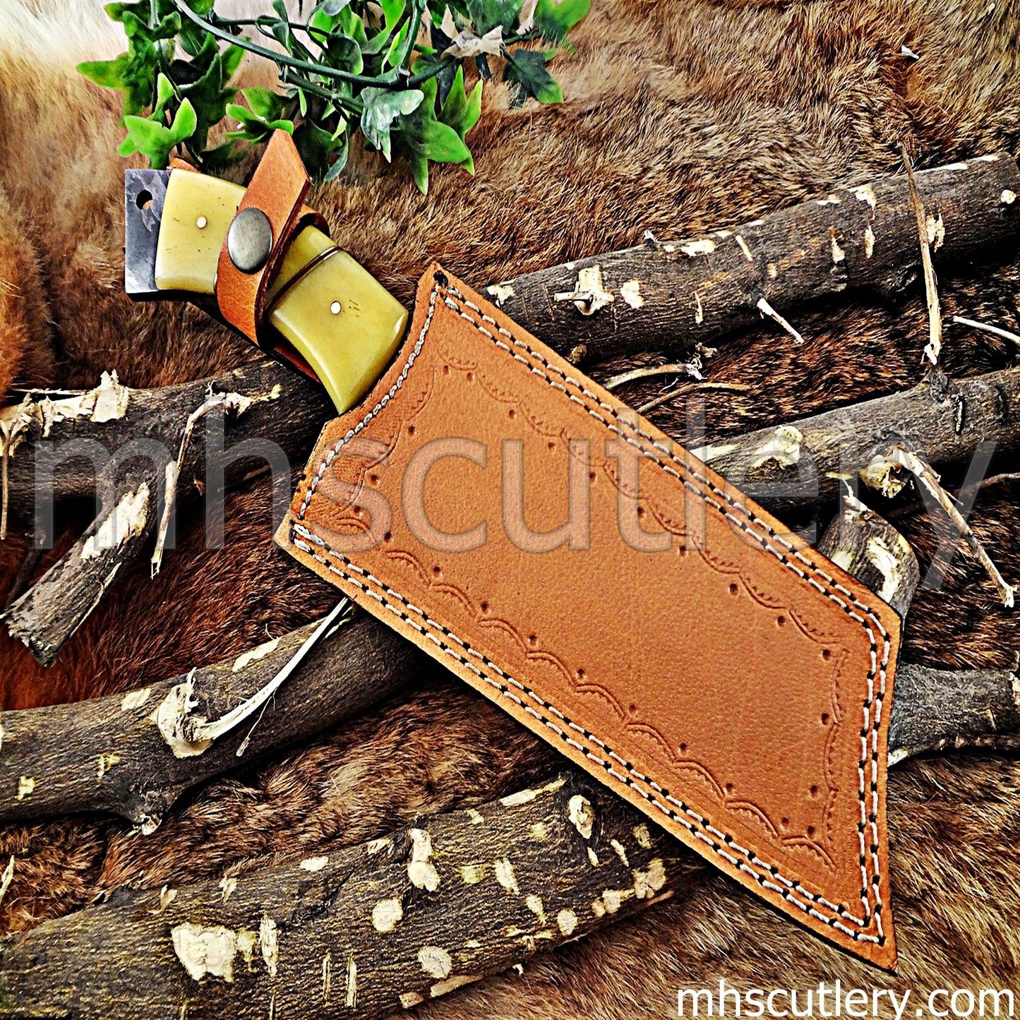 Damascus Steel Hunter Tanto Machete Knife / Bone Handle | mhscutlery