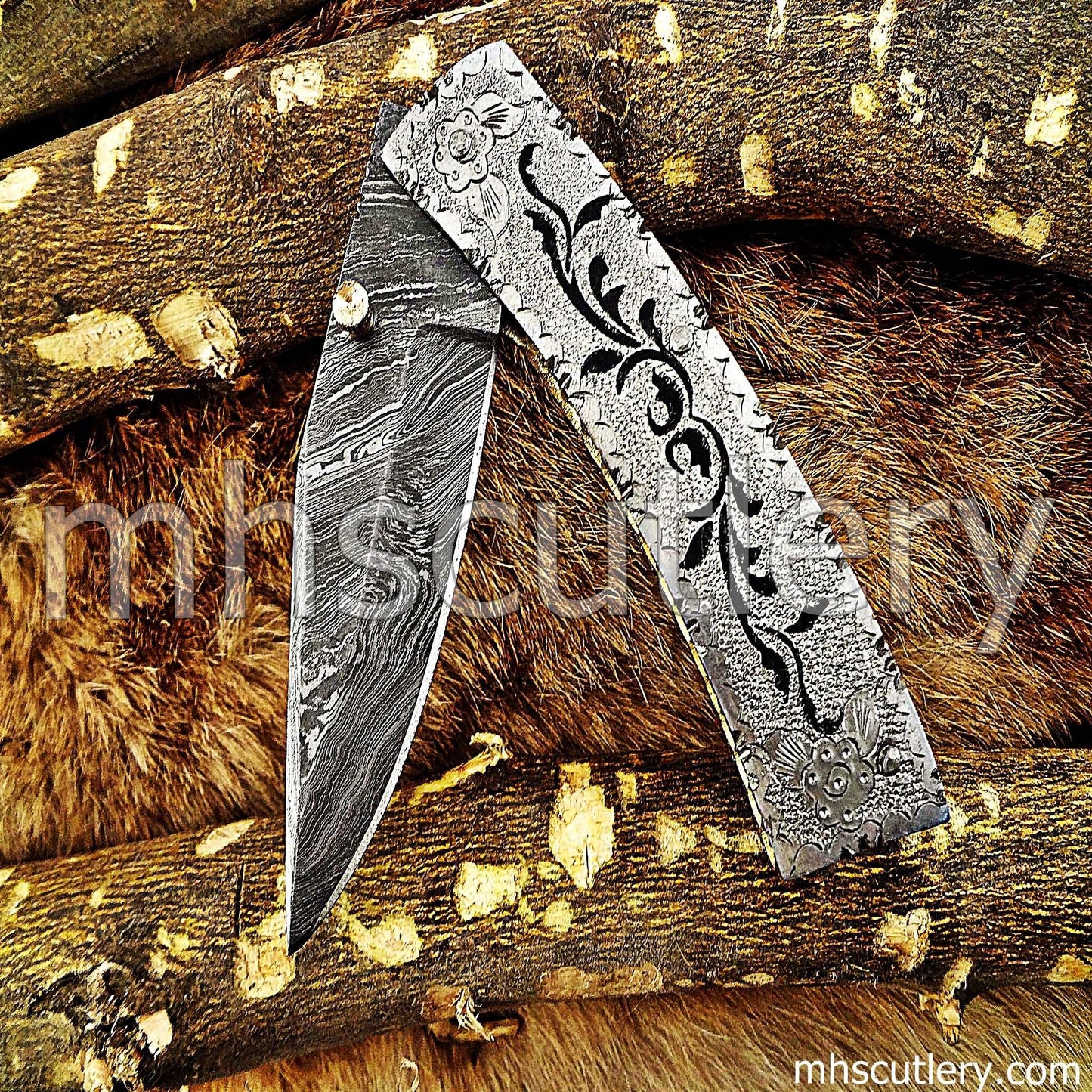 Custom Hand Engraved Damascus Steel Folder Knife / Silver Handle | mhscutlery
