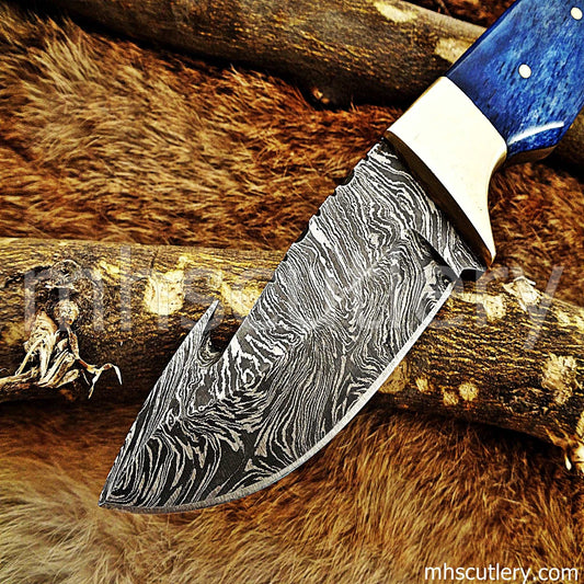 Custom Hand Forged Damascus Steel Gut Hook Hunter | mhscutlery