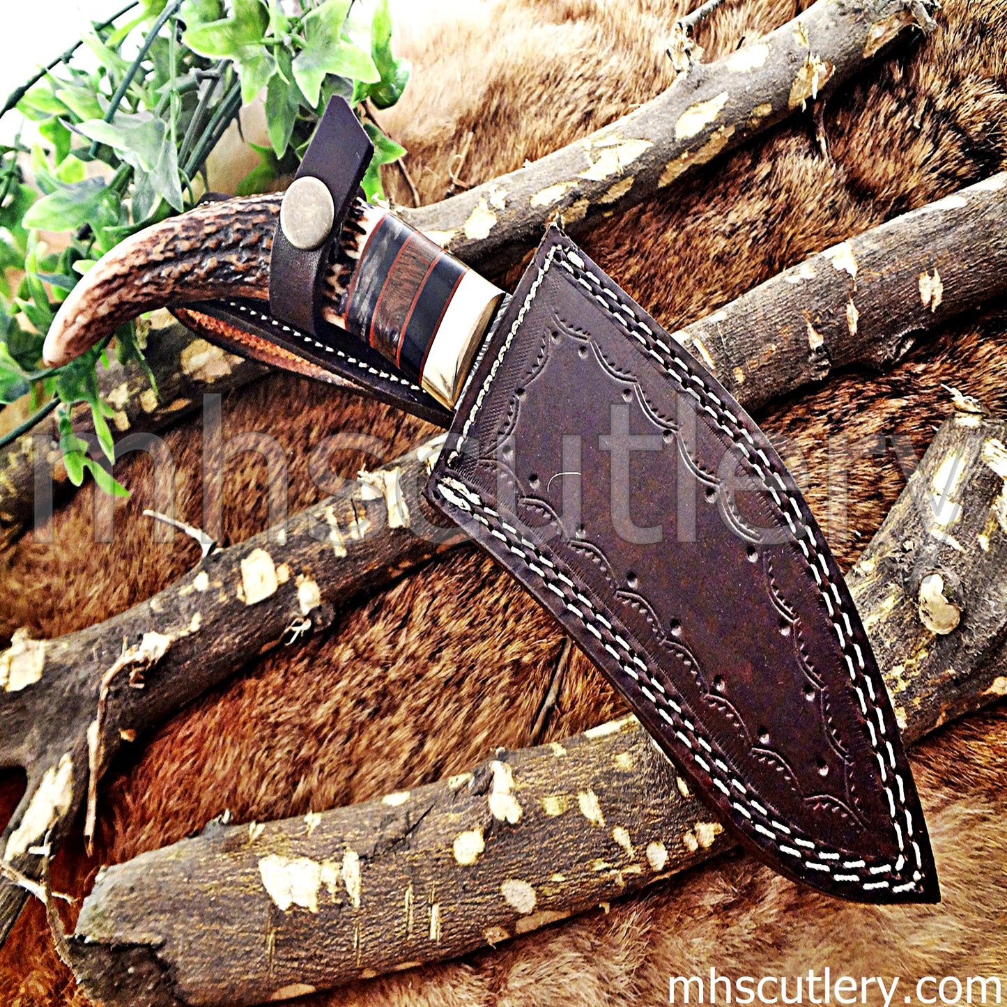 Handmade Damascus Steel Hunting Kukri Knife With Antler Handle | mhscutlery
