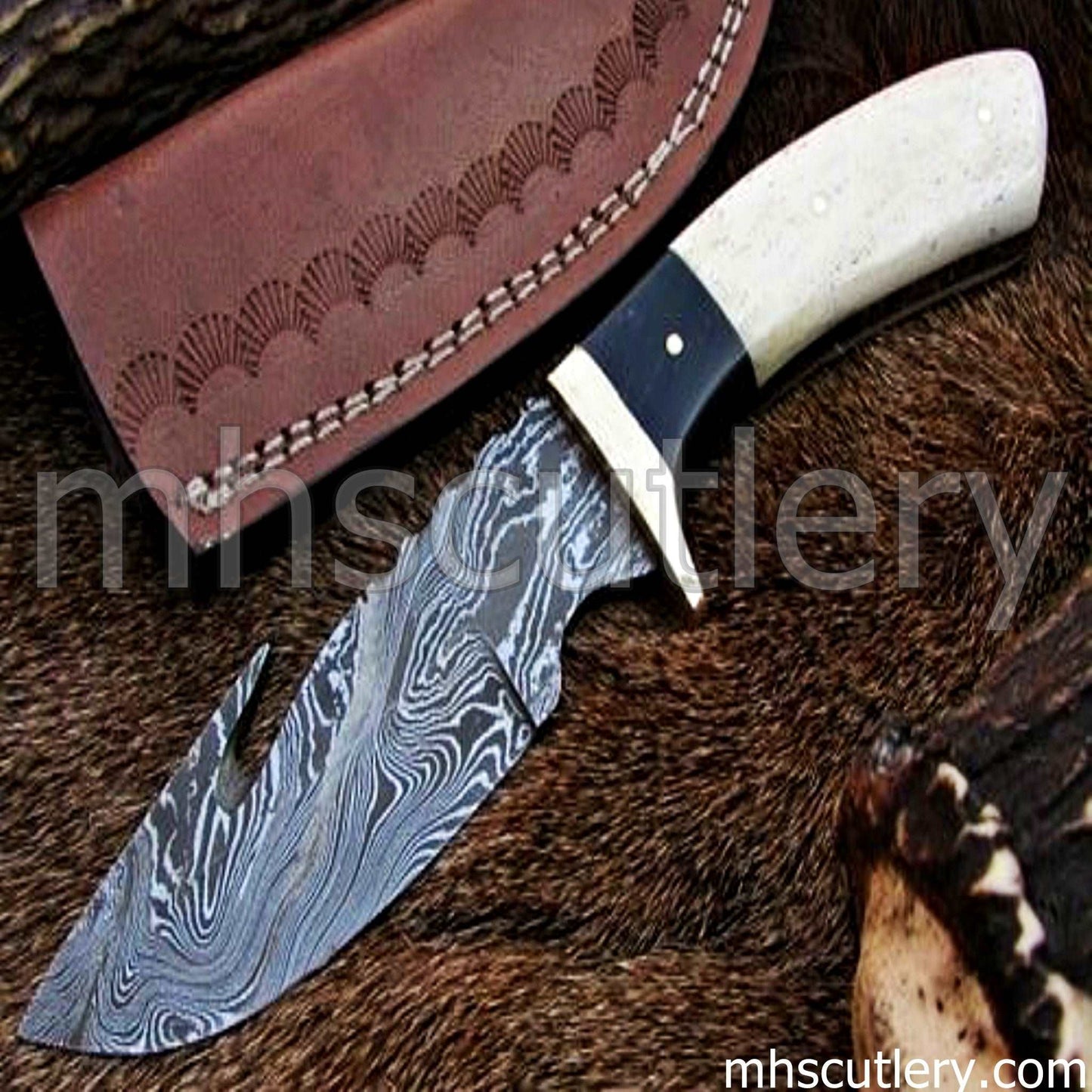 Custom Hand Forged Damascus Steel Gut Hook Hunter | mhscutlery