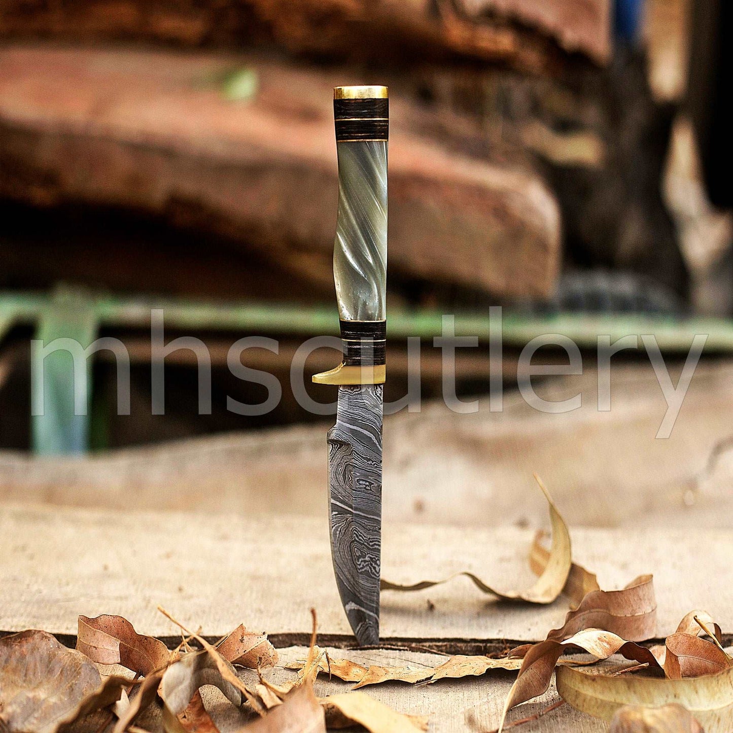Custom Forged Damascus Steel Hunting Skinner Knife With Resin Handle | mhscutlery