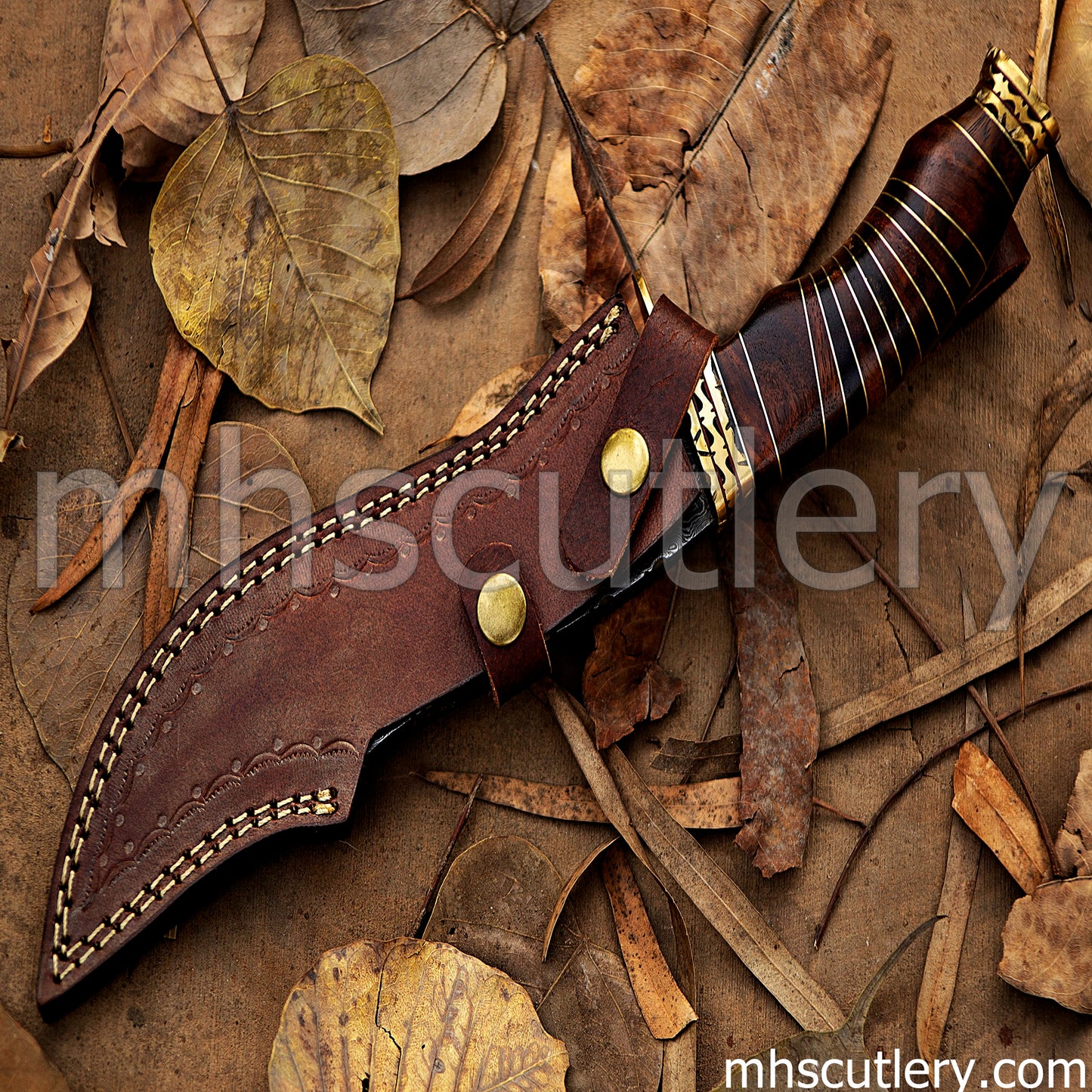 Custom Hand Forged Raindrop Damascus Steel Bowie Hunting Knife | mhscutlery