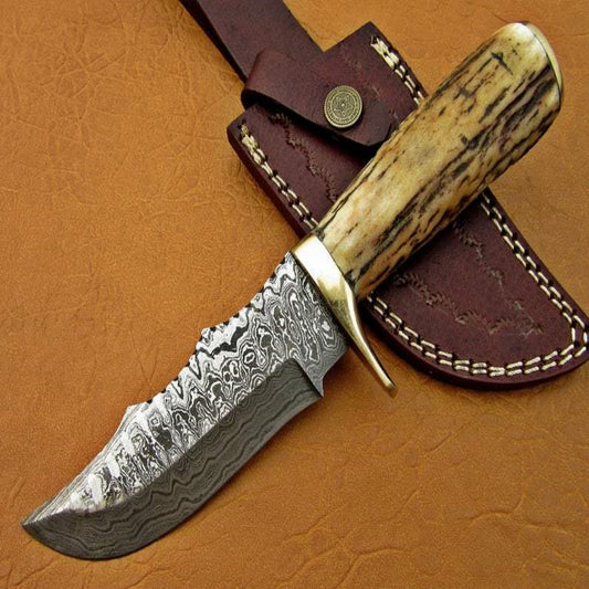 Ladder Damascus Steel Hunter's Knife | Natural Antler Handle