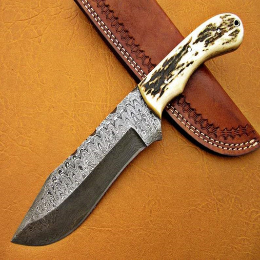 Handmade Ladder Damascus Tactical Hunting Knife | Stag Handle