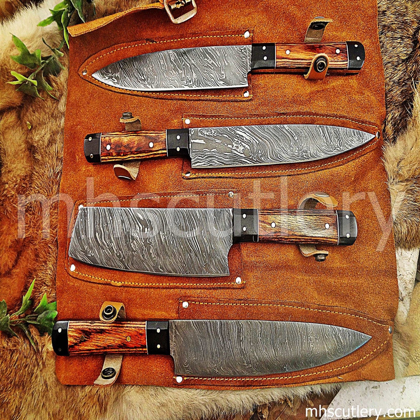 Custom Hand Forged Damascus Steel Kitchen Knife Set / 4 Pcs | mhscutlery