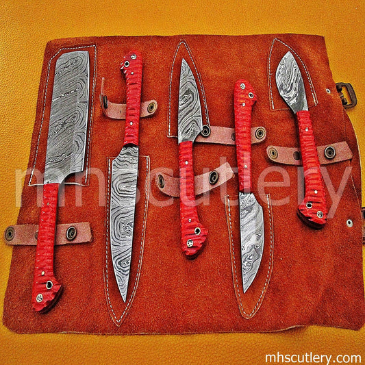 Custom Hand Forged Damascus Steel Chef Knives Set / 5 Pcs | mhscutlery