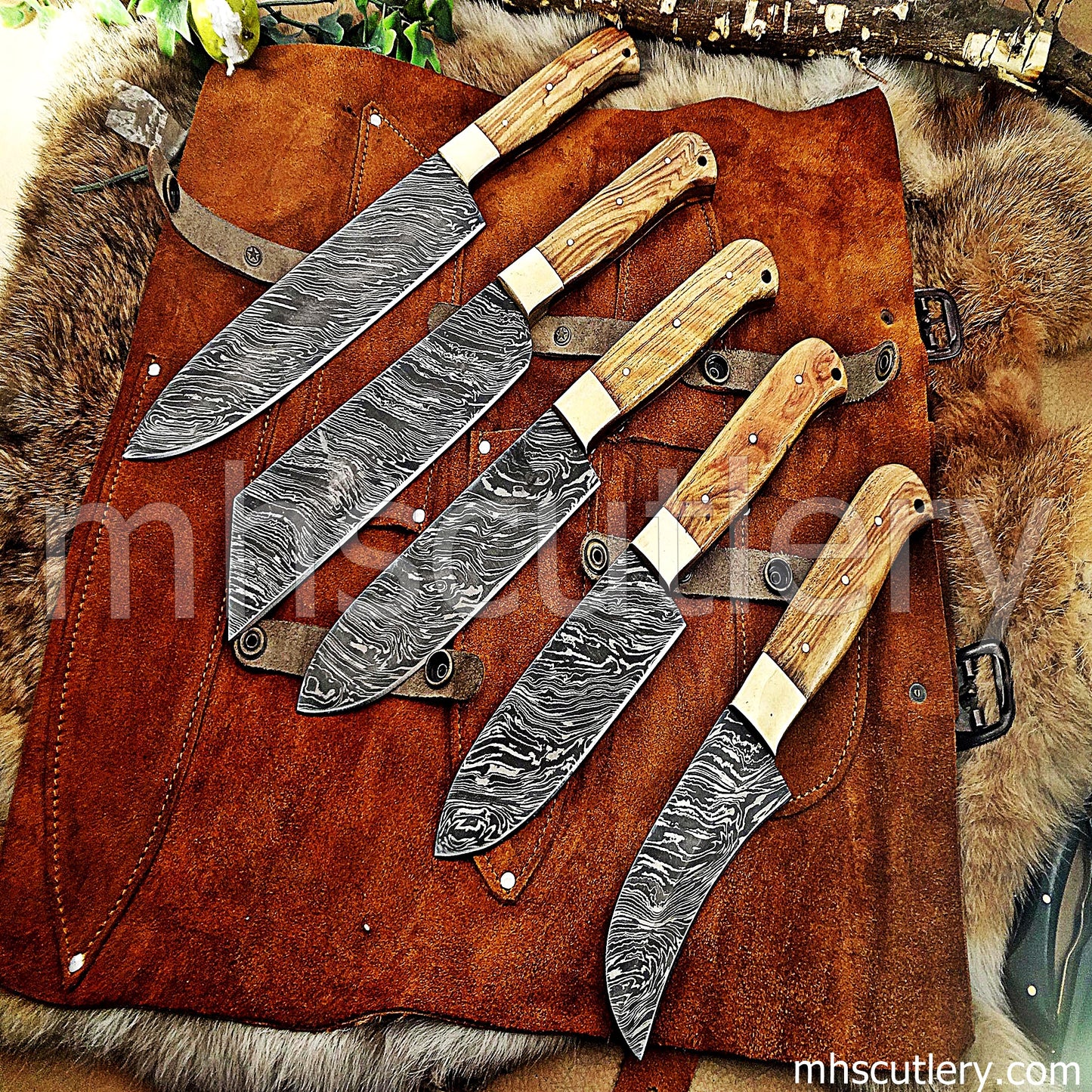 Custom Handmade Damascus Steel Chef Set / Koa Handle | mhscutlery