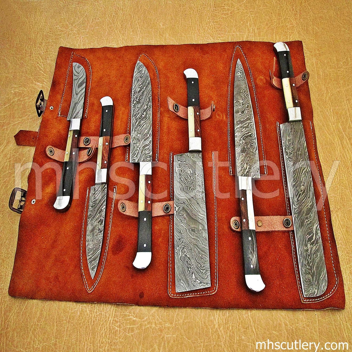 Custom Hand Forged Damascus Steel Kitchen Set / 6 Pcs | mhscutlery