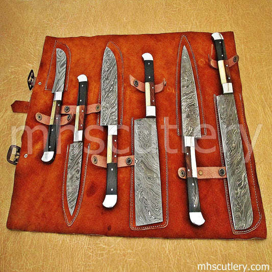 Custom Hand Forged Damascus Steel Kitchen Set / 6 Pcs | mhscutlery