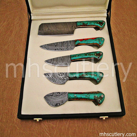 Custom Hand Forged Damascus Steel Kitchen Set | mhscutlery