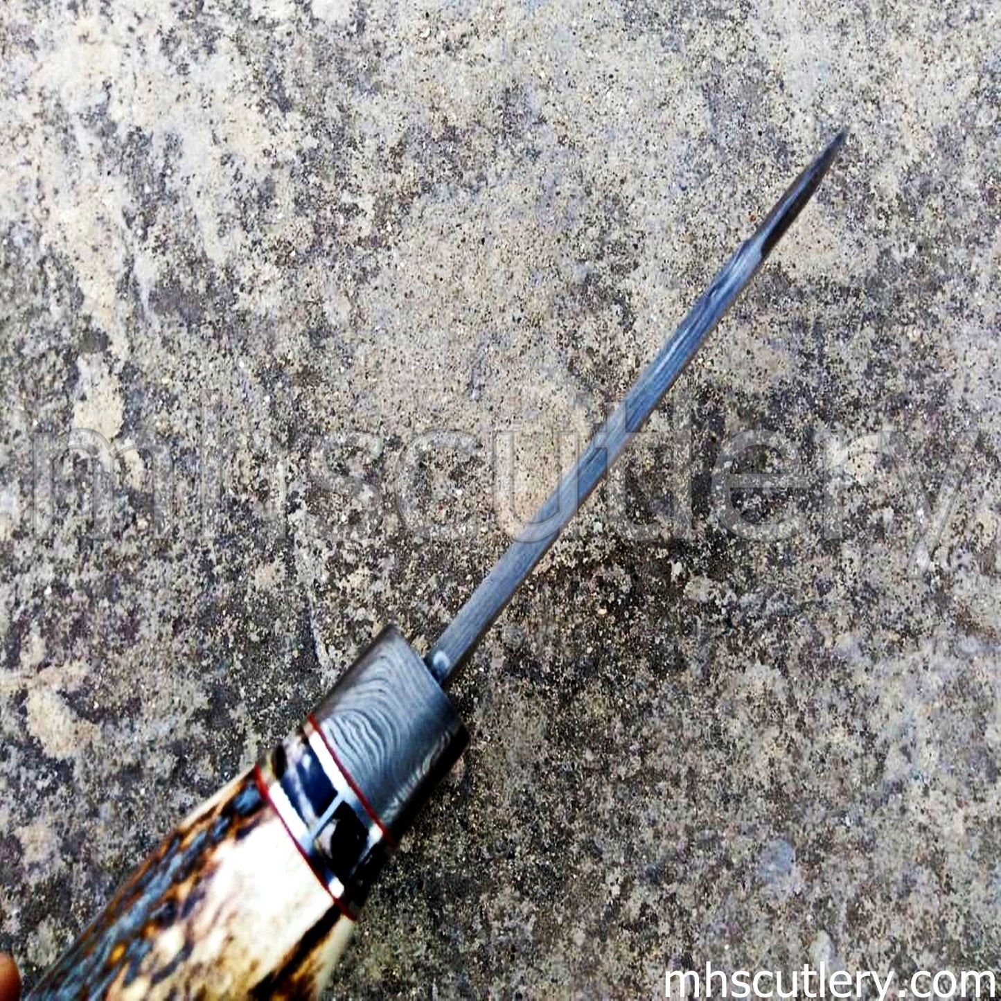 Custom Handmade Raindrop Damascus Steel Antler Hunting Knife | mhscutlery