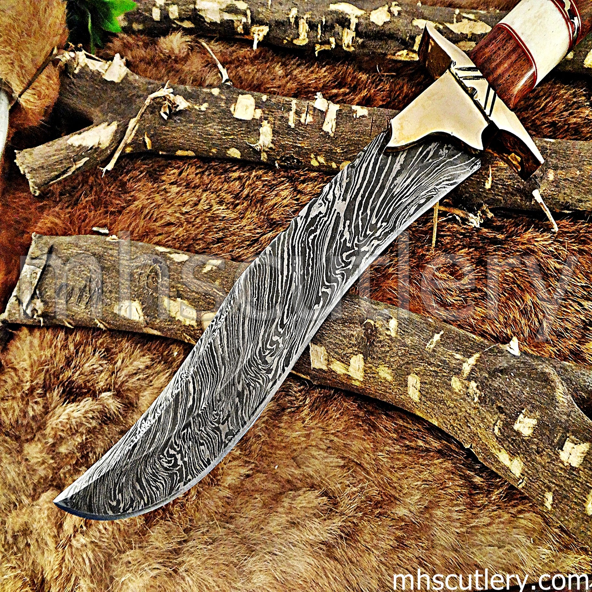 Custom Made Damascus Steel Hunter Bowie Knife With Brass Clip | mhscutlery