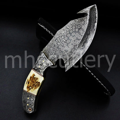 Handmade Skinner Raindrop Damascus Steel Gut hook Knife With Antler Handle | mhscutlery