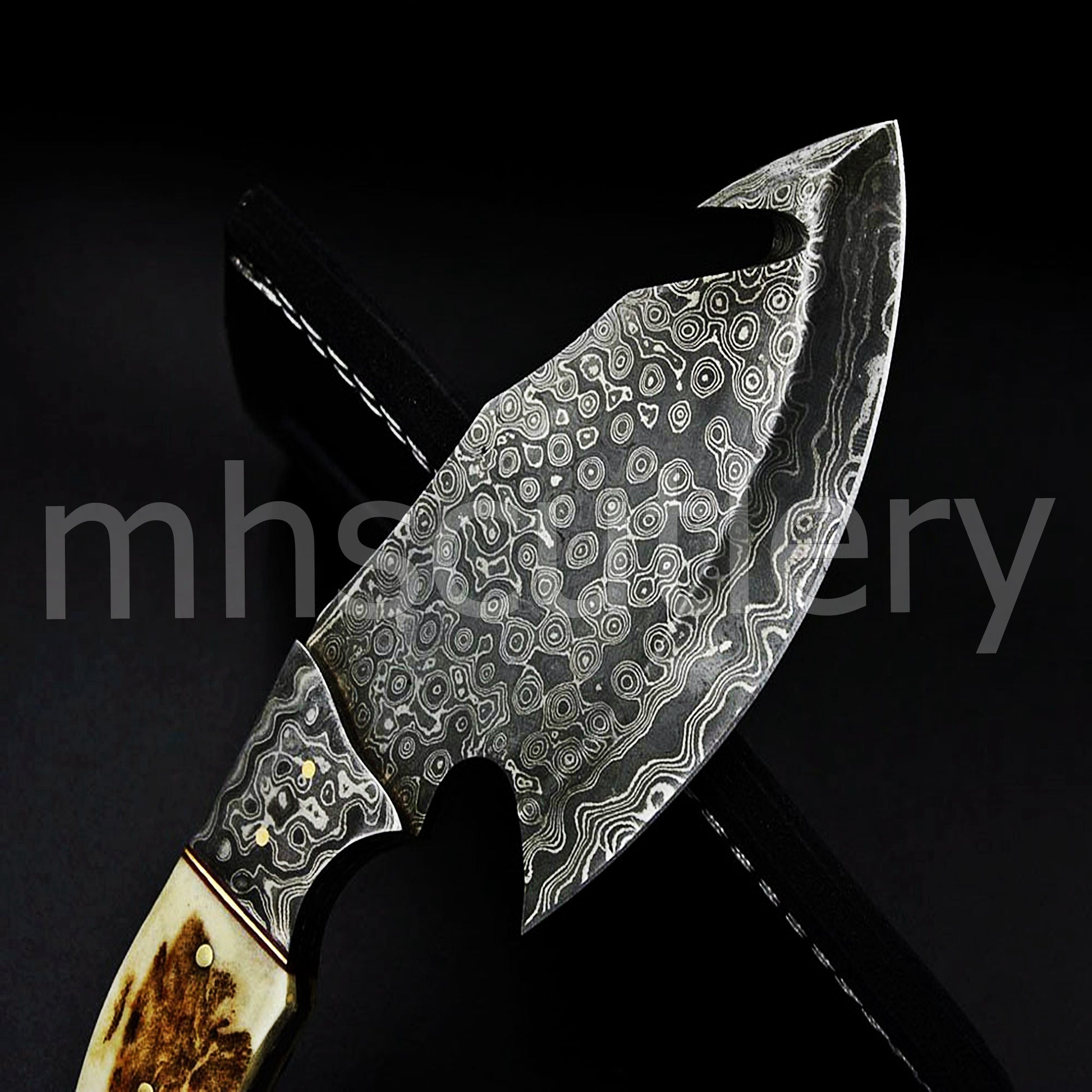 Handmade Skinner Raindrop Damascus Steel Gut hook Knife With Antler Handle | mhscutlery