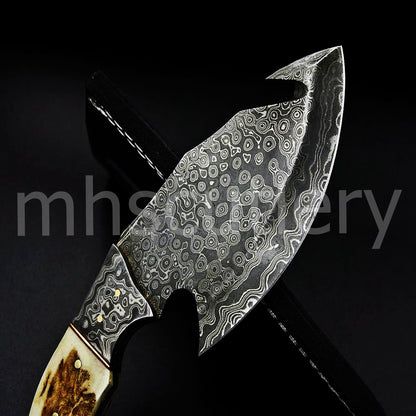 Handmade Skinner Raindrop Damascus Steel Gut hook Knife With Antler Handle | mhscutlery