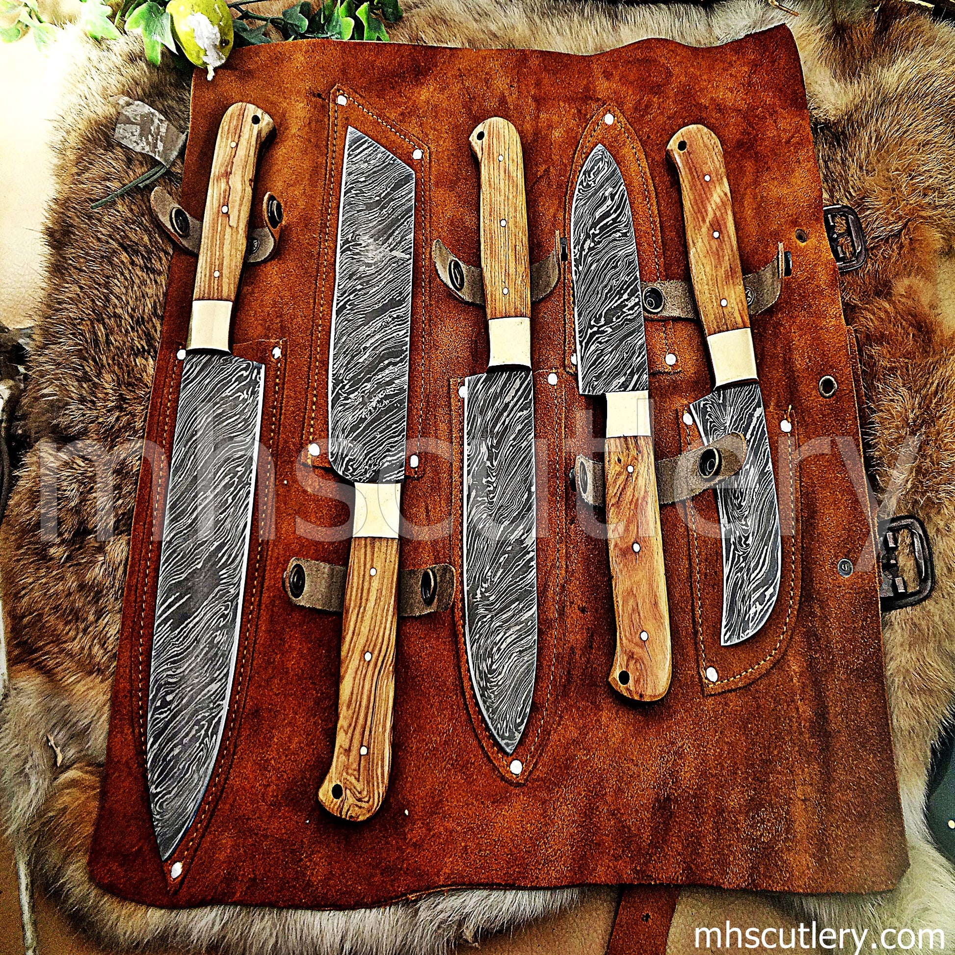 Custom Handmade Damascus Steel Chef Set / Koa Handle | mhscutlery