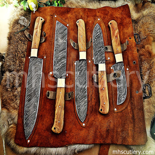 Custom Handmade Damascus Steel Chef Set / Koa Handle | mhscutlery