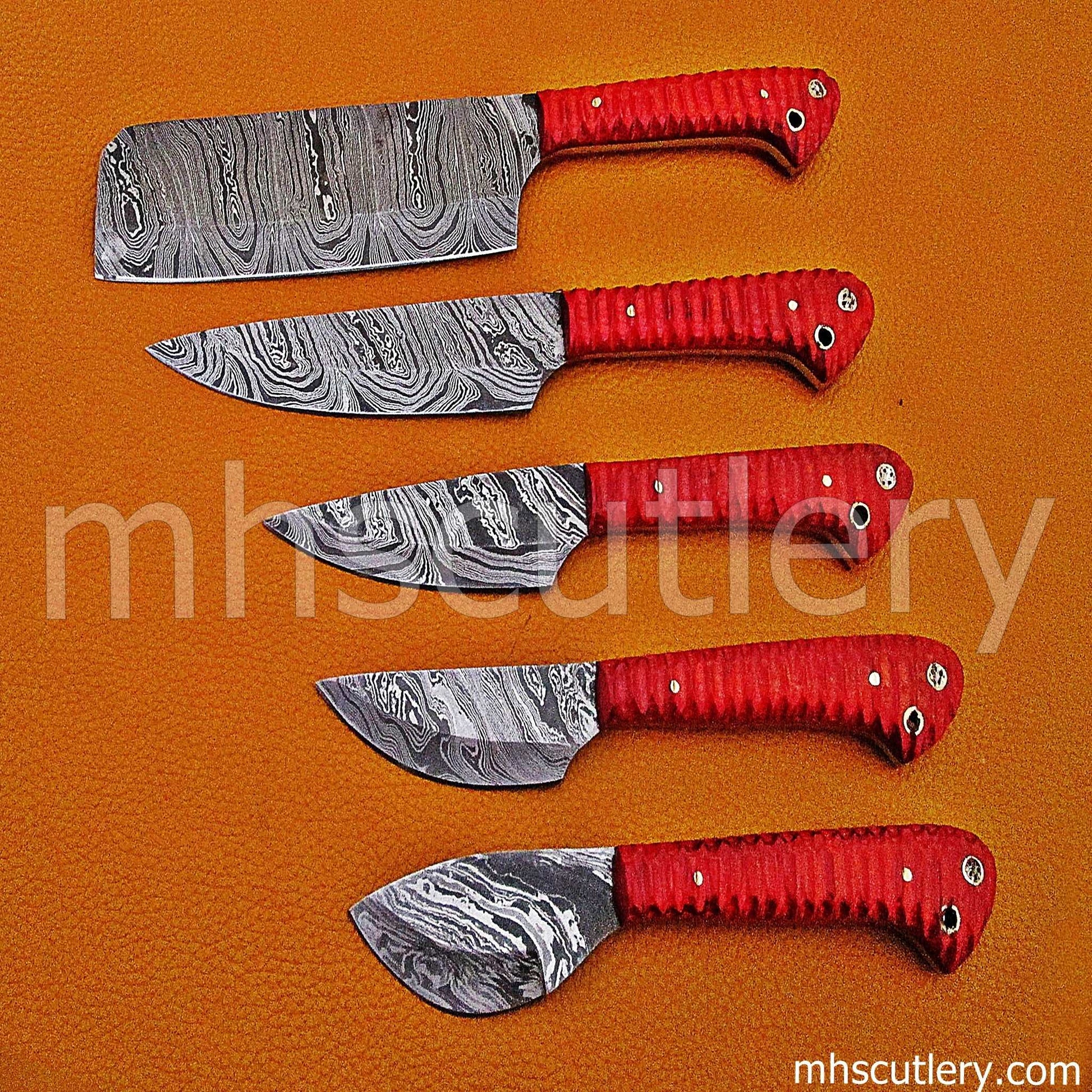 Custom Hand Forged Damascus Steel Chef Knives Set / 5 Pcs | mhscutlery