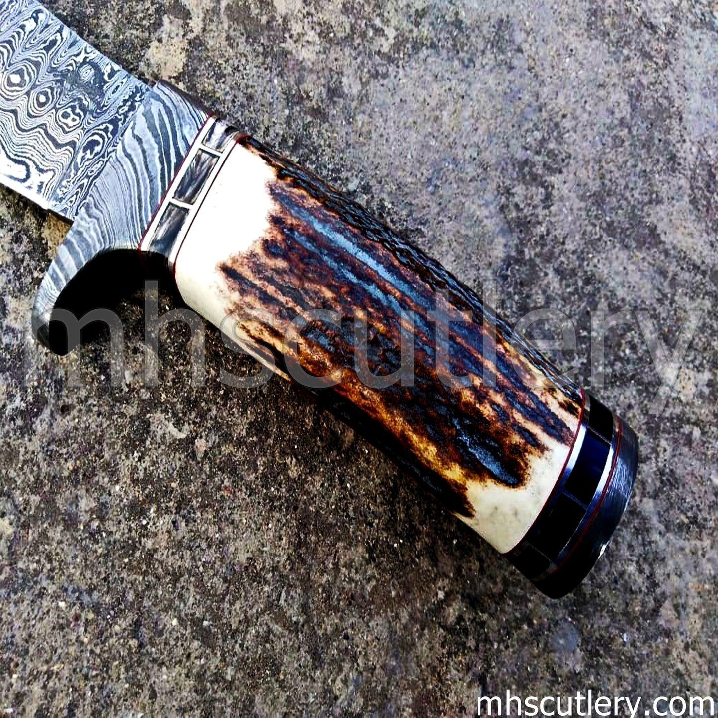 Custom Handmade Raindrop Damascus Steel Antler Hunting Knife | mhscutlery