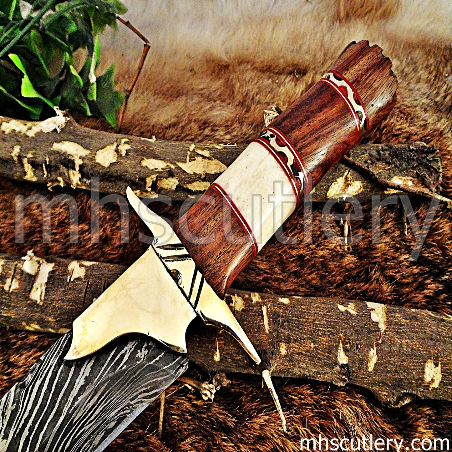 Custom Made Damascus Steel Hunter Bowie Knife With Brass Clip | mhscutlery