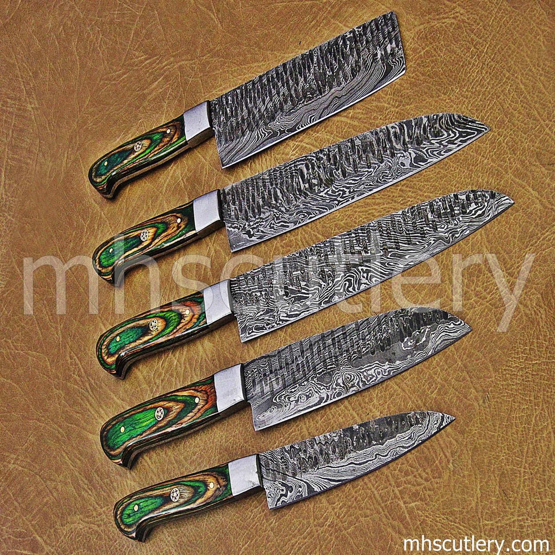 Custom Hand Forged Damascus Steel Chef Knives Set | mhscutlery