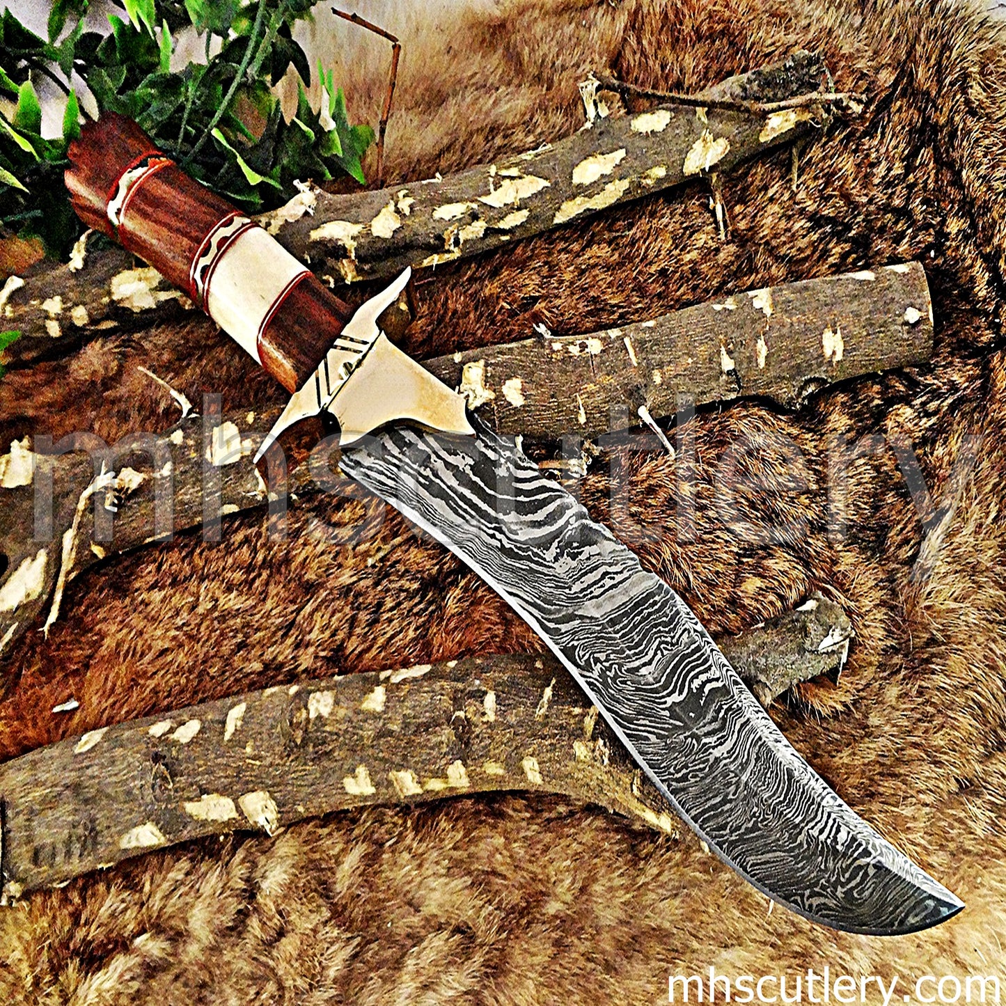 Custom Made Damascus Steel Hunter Bowie Knife With Brass Clip | mhscutlery