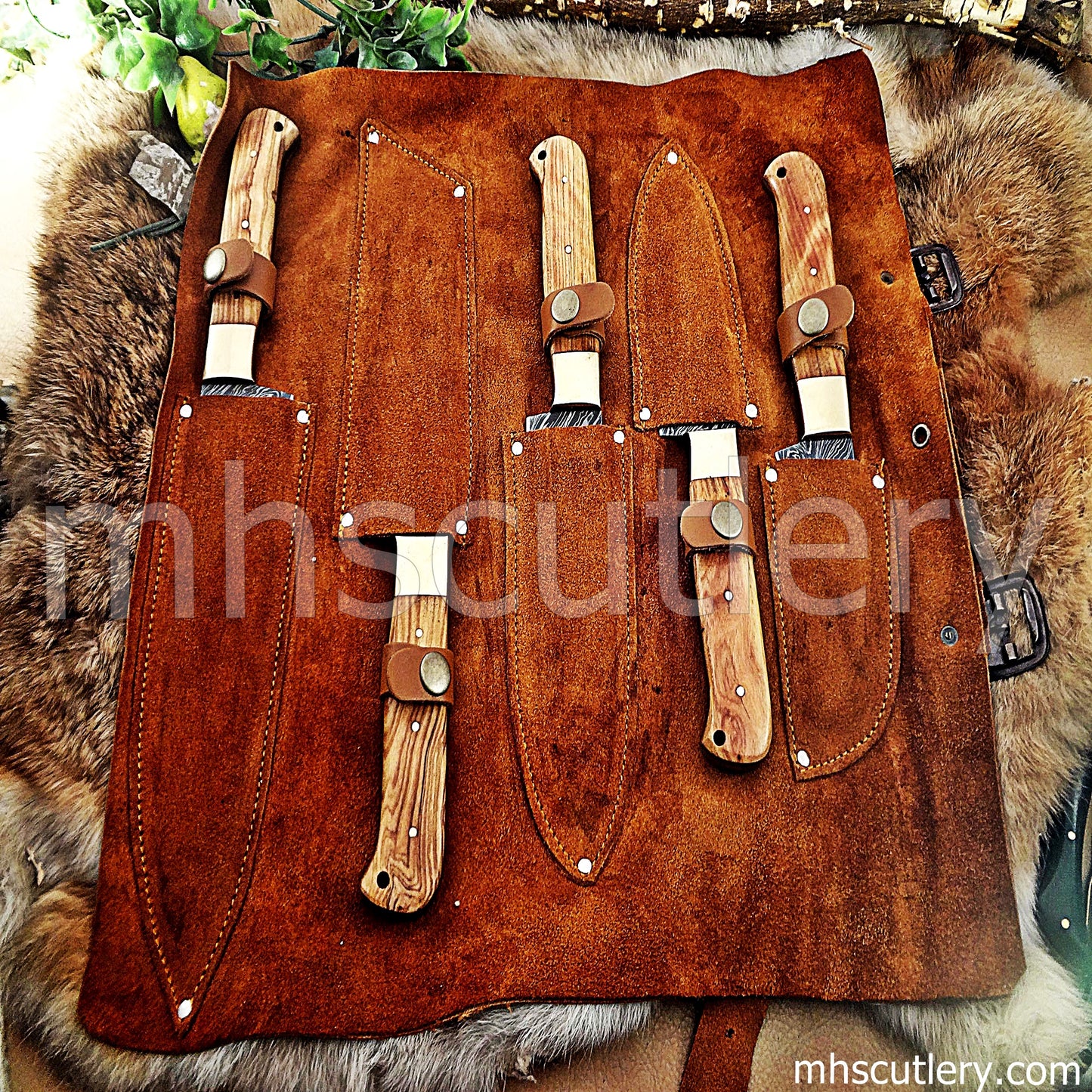 Custom Handmade Damascus Steel Chef Set / Koa Handle | mhscutlery