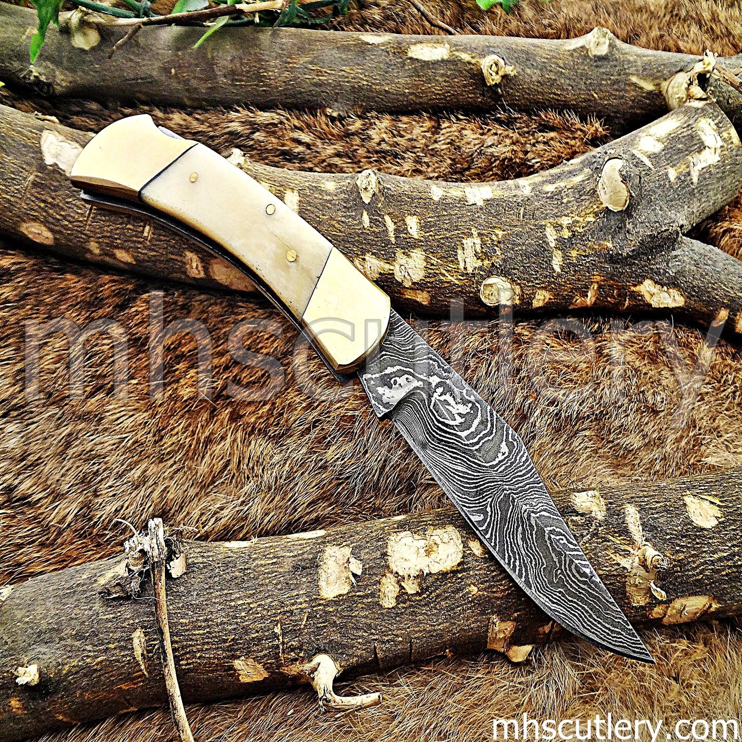 Custom Handmade Damascus Steel Buck Folder Knife | mhscutlery