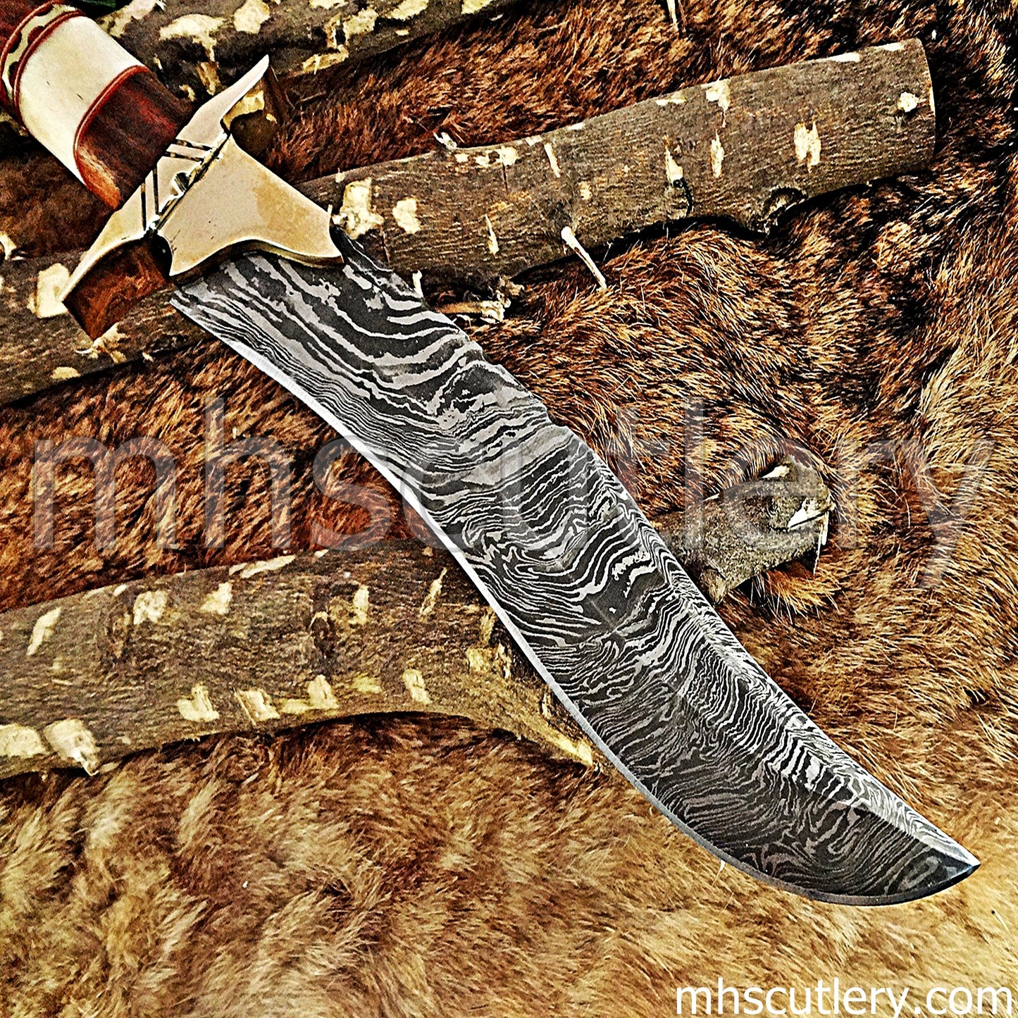 Custom Made Damascus Steel Hunter Bowie Knife With Brass Clip | mhscutlery