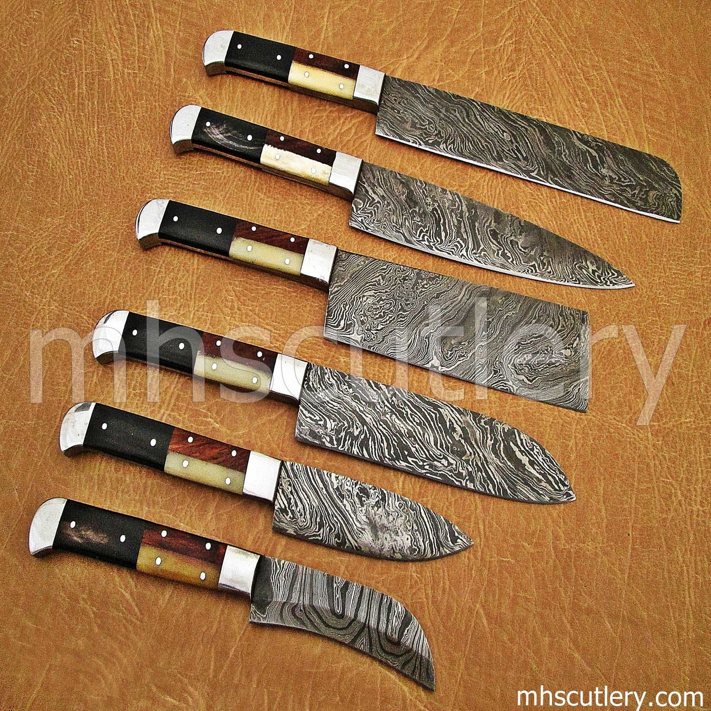 Custom Hand Forged Damascus Steel Kitchen Set / 6 Pcs | mhscutlery