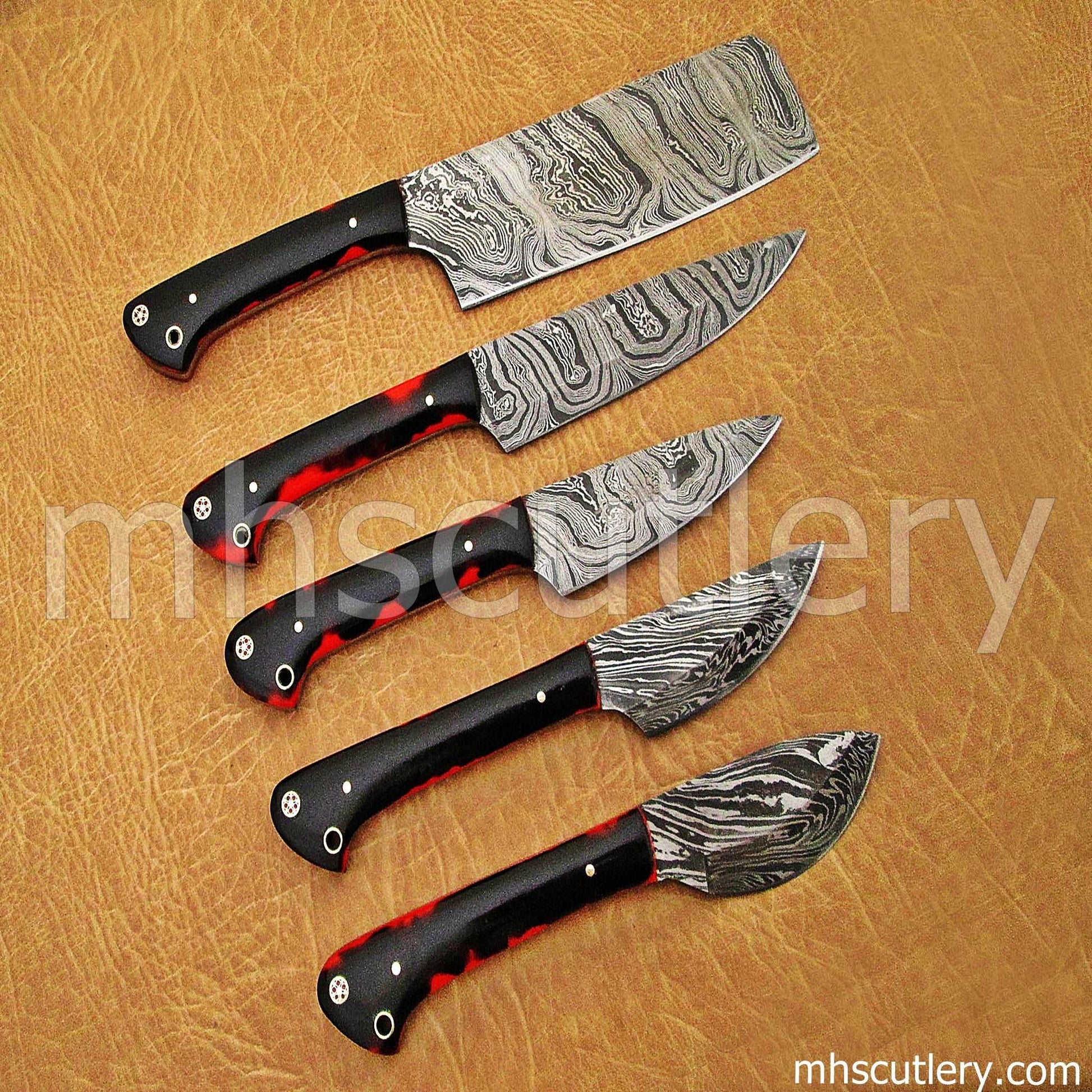 Custom Hand Forged Damascus Steel Kitchen Knife Set / 5 Pcs | mhscutlery