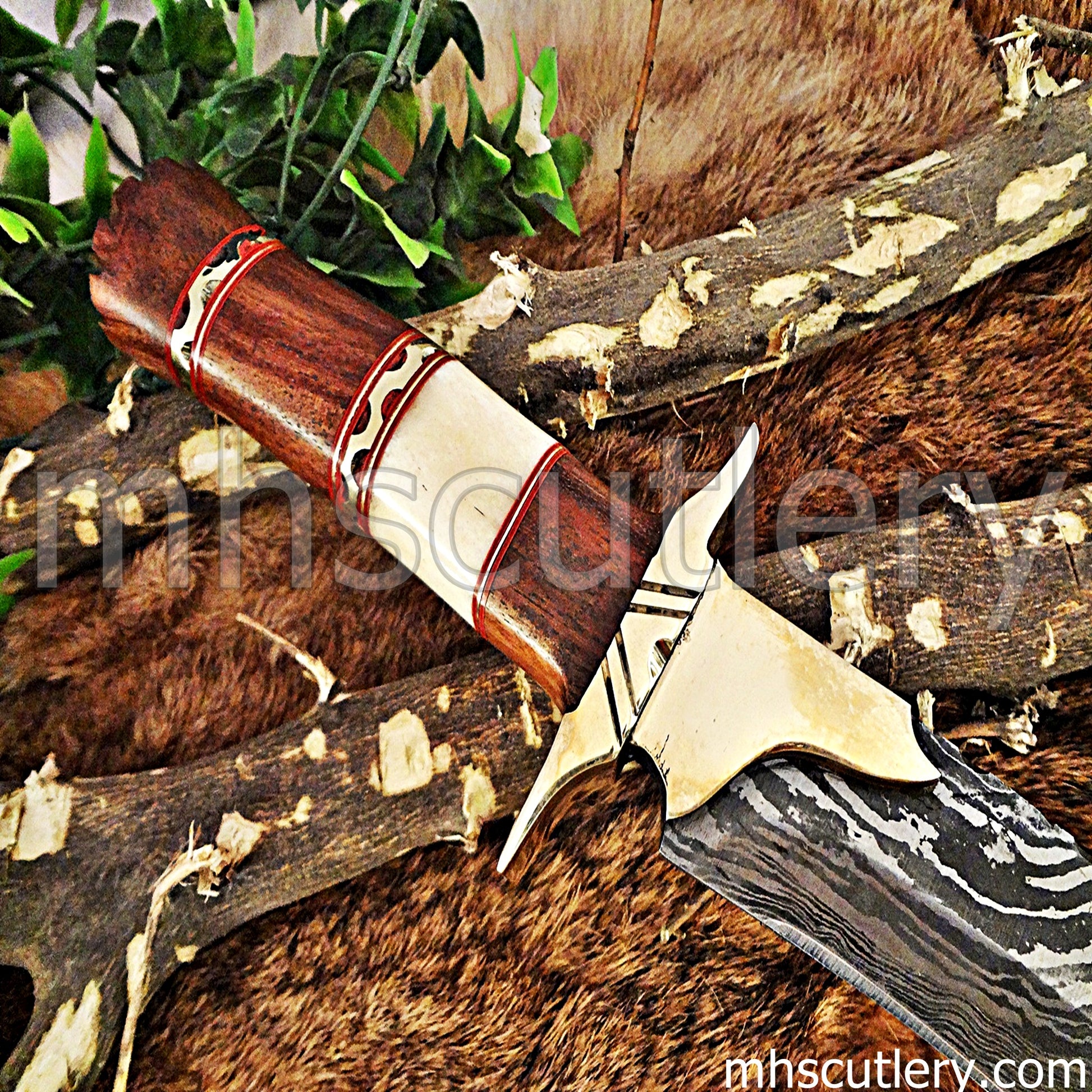 Custom Made Damascus Steel Hunter Bowie Knife With Brass Clip | mhscutlery