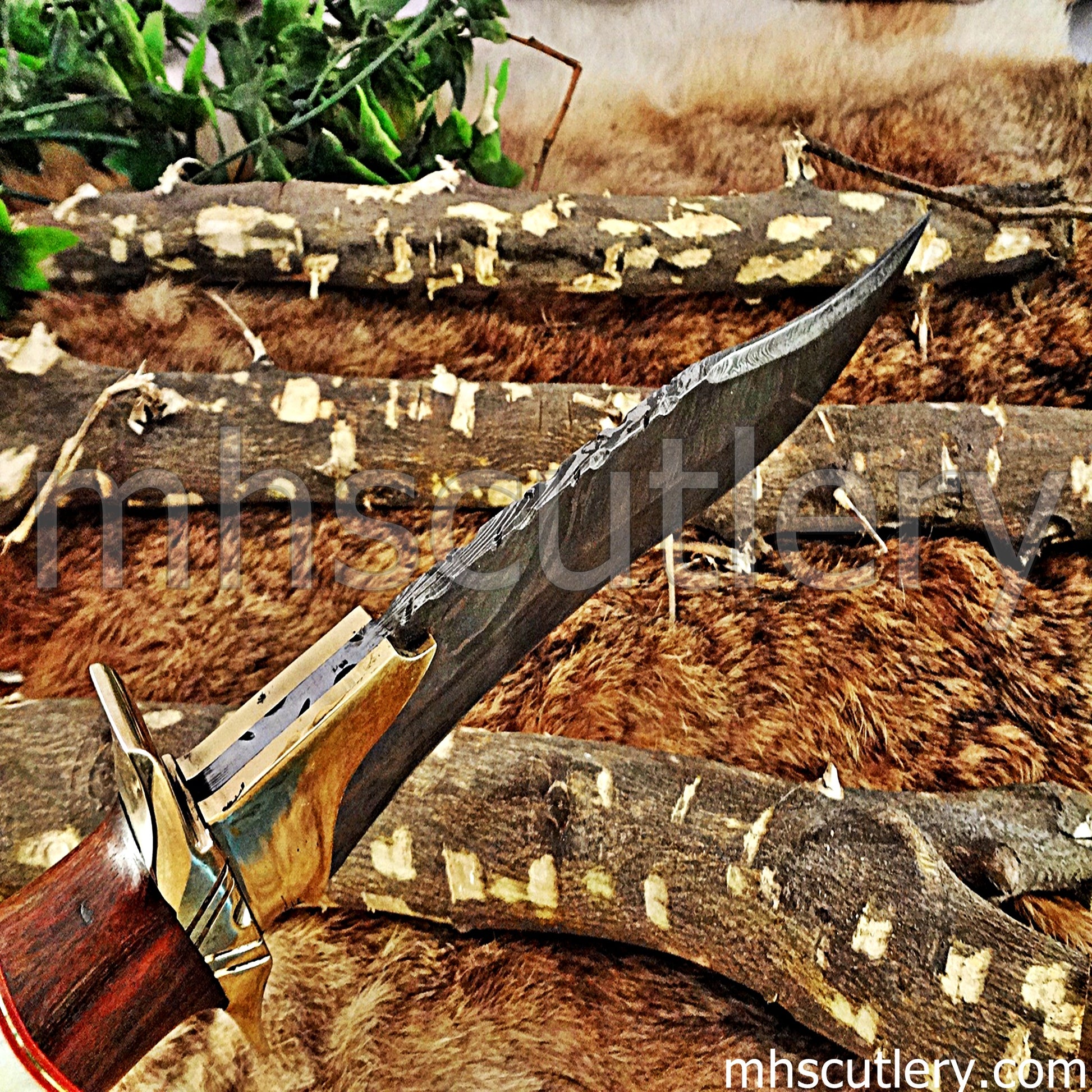 Custom Made Damascus Steel Hunter Bowie Knife With Brass Clip | mhscutlery