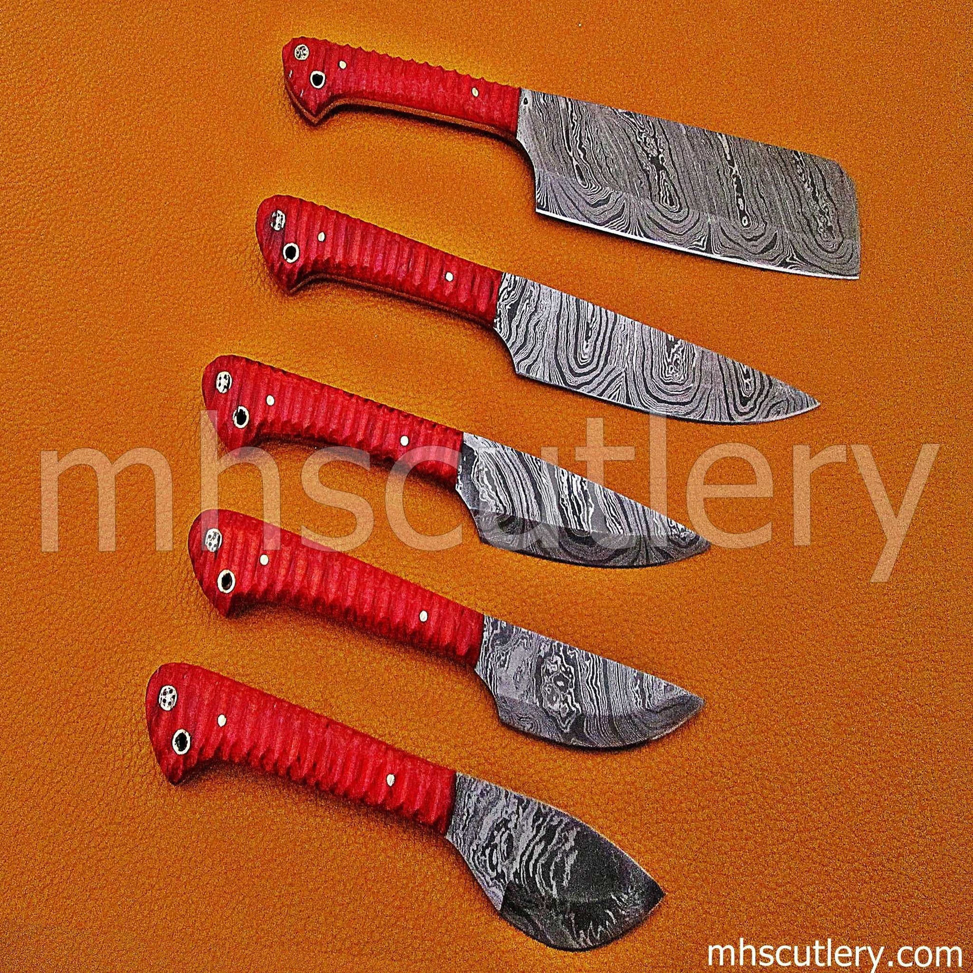 Custom Hand Forged Damascus Steel Chef Knives Set / 5 Pcs | mhscutlery