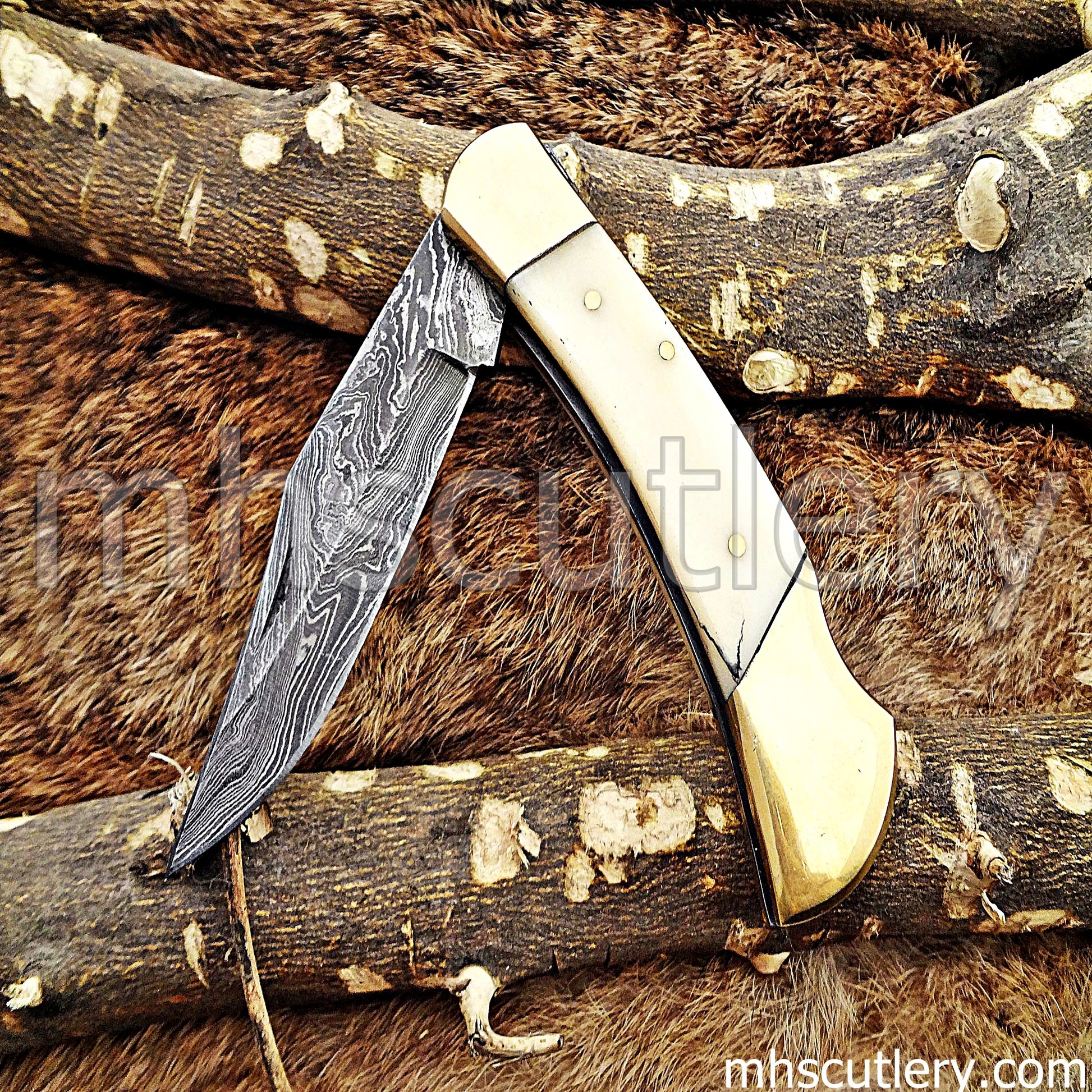 Custom Handmade Damascus Steel Buck Folder Knife | mhscutlery