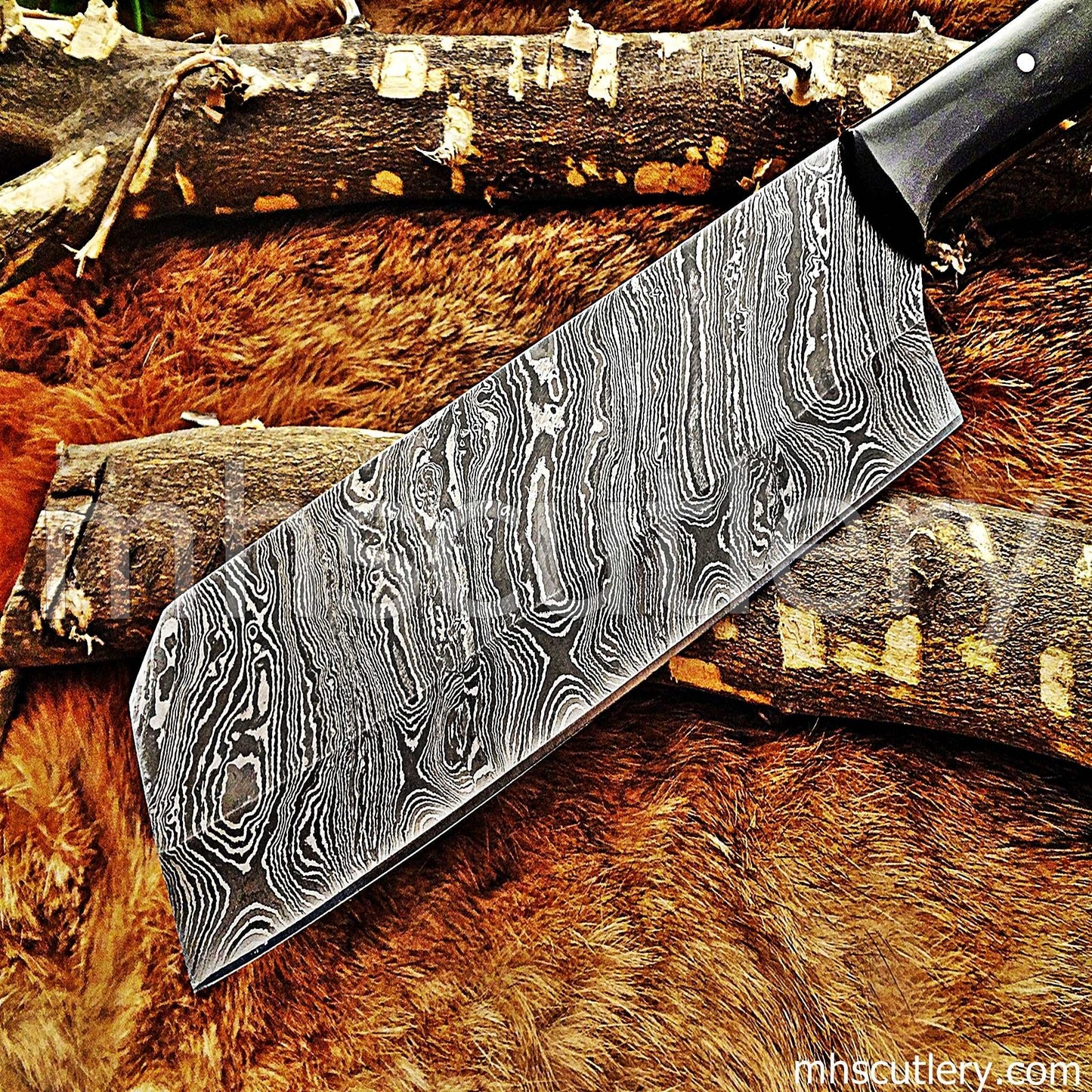 Custom Hand Forged Damascus Steel Meat Cleaver | mhscutlery