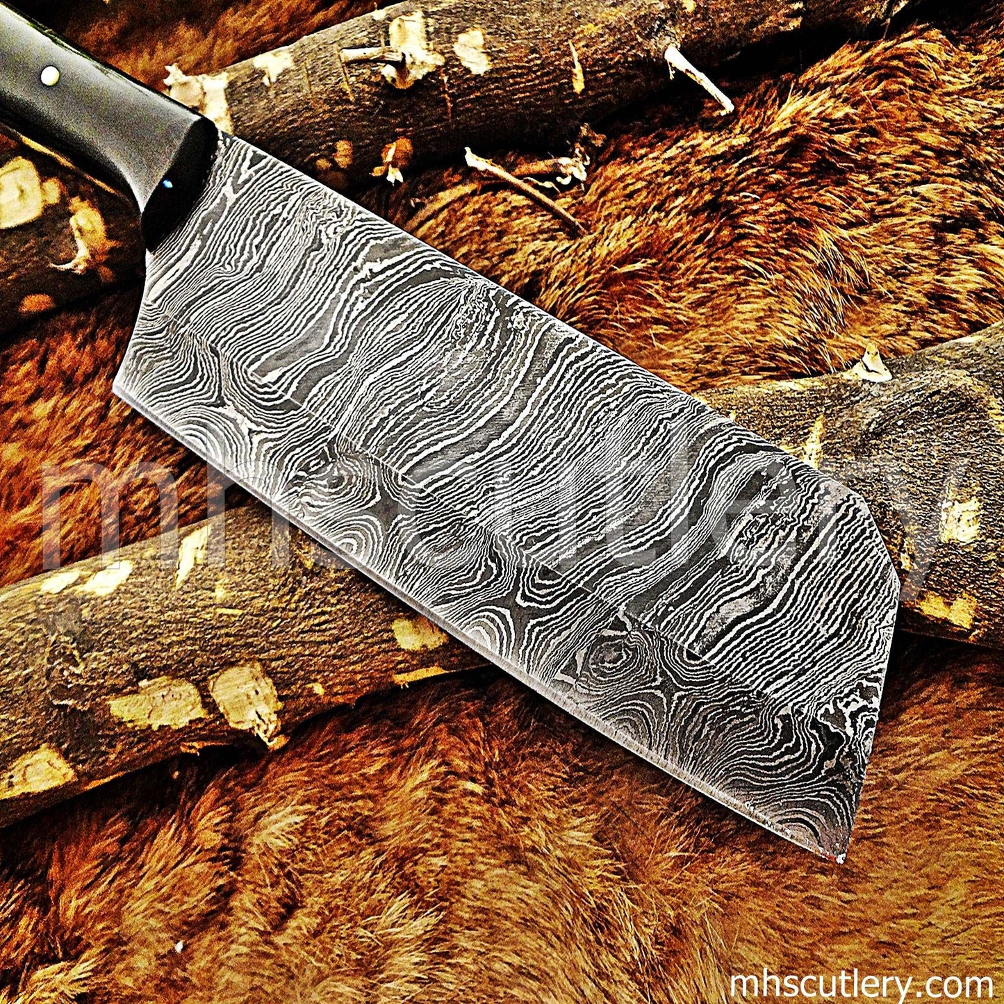 Custom Hand Forged Damascus Steel Meat Cleaver | mhscutlery