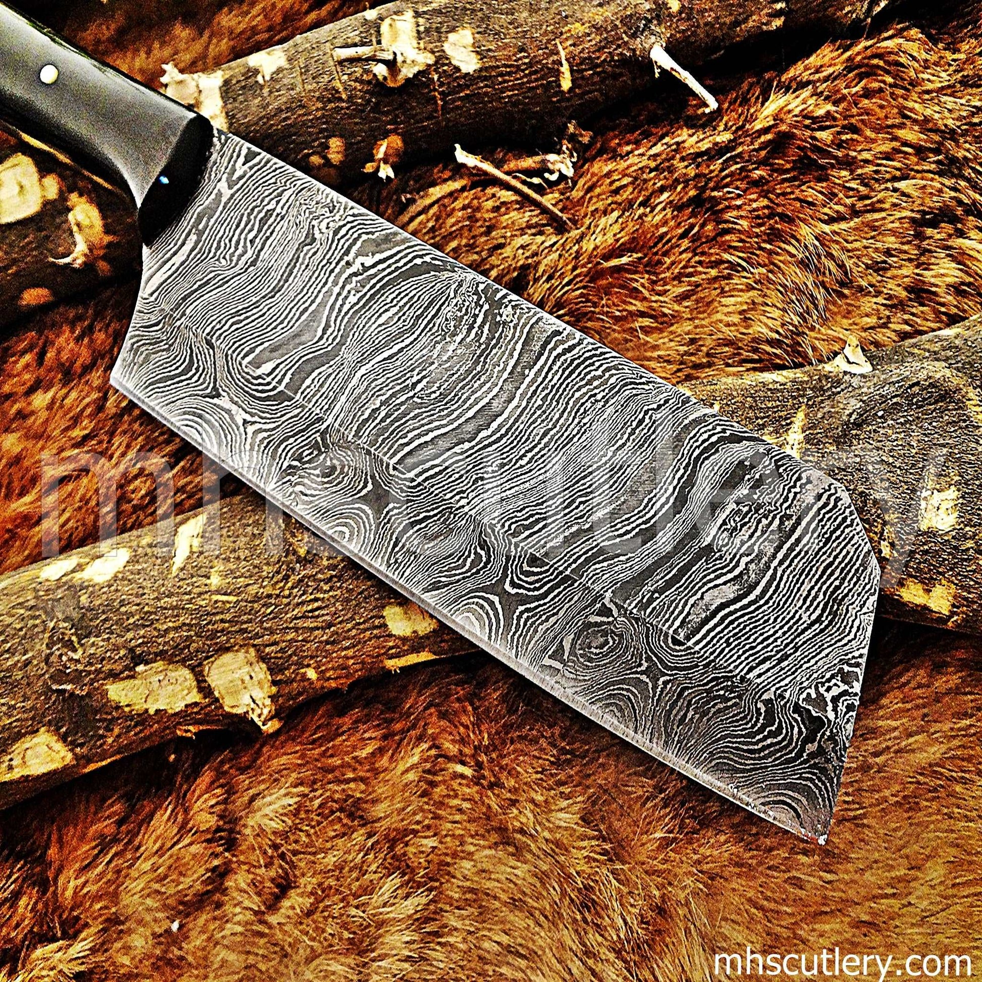 Custom Hand Forged Damascus Steel Meat Cleaver | mhscutlery