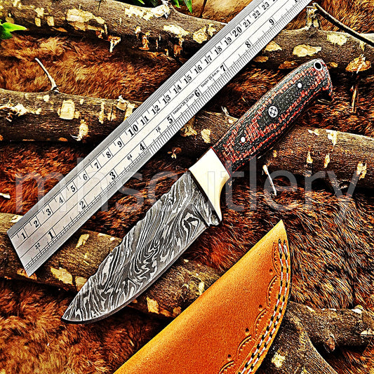 Custom Made Damascus Steel Slim Hunter Skinning Knife / Micarta Handle | mhscutlery