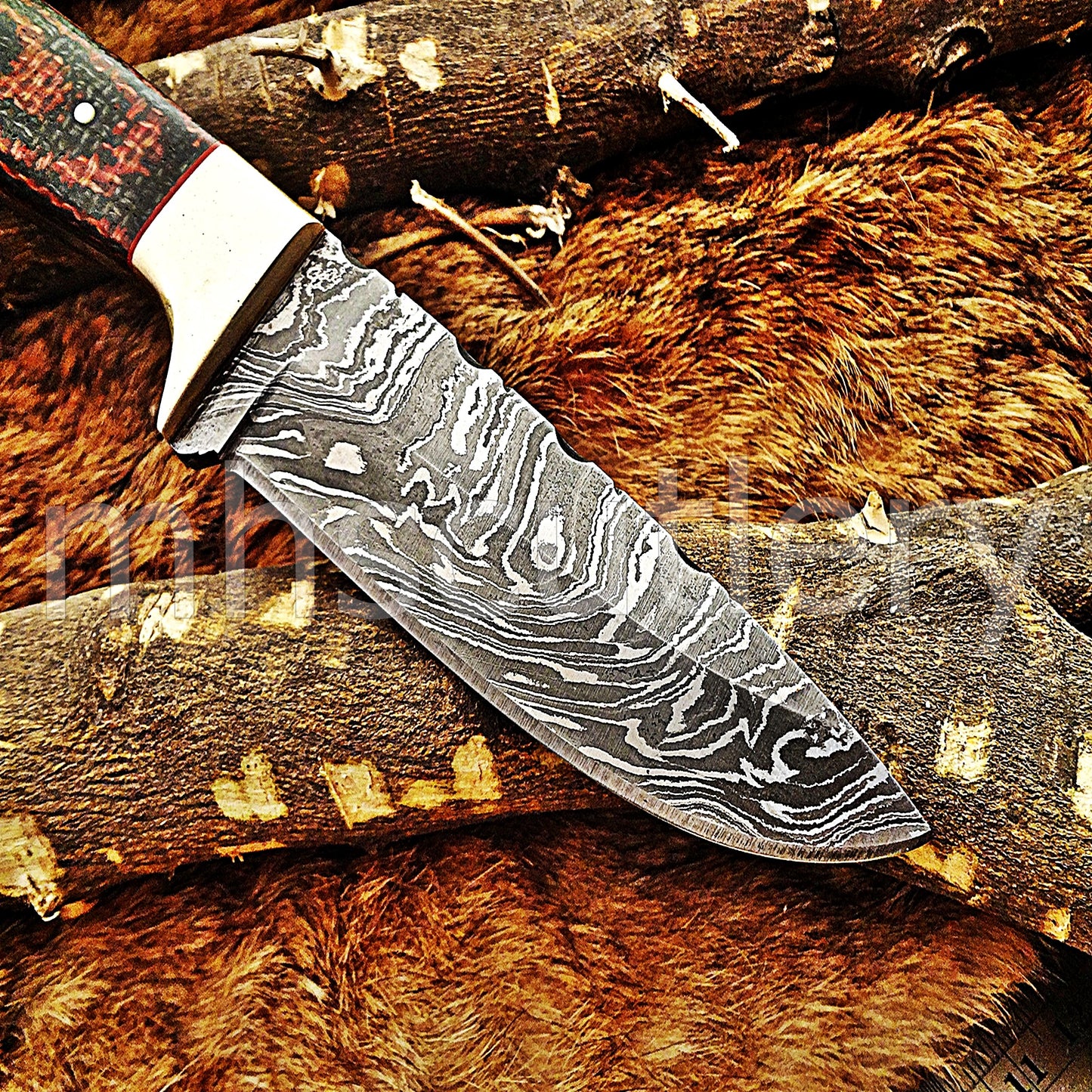 Custom Made Damascus Steel Slim Hunter Skinning Knife / Micarta Handle | mhscutlery