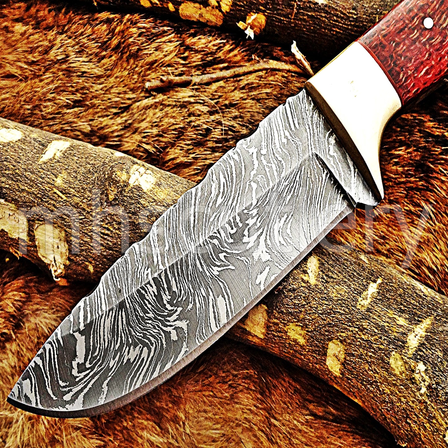 Handmade Damascus Steel Hunting Skinner Knife / Red Micarta | mhscutlery