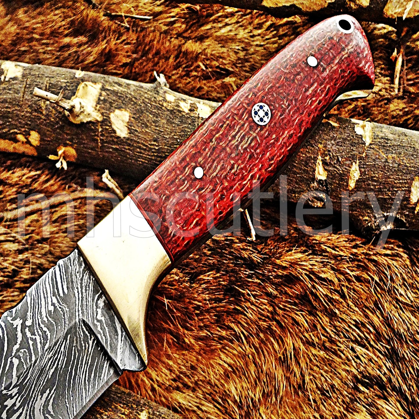 Handmade Damascus Steel Hunting Skinner Knife / Red Micarta | mhscutlery