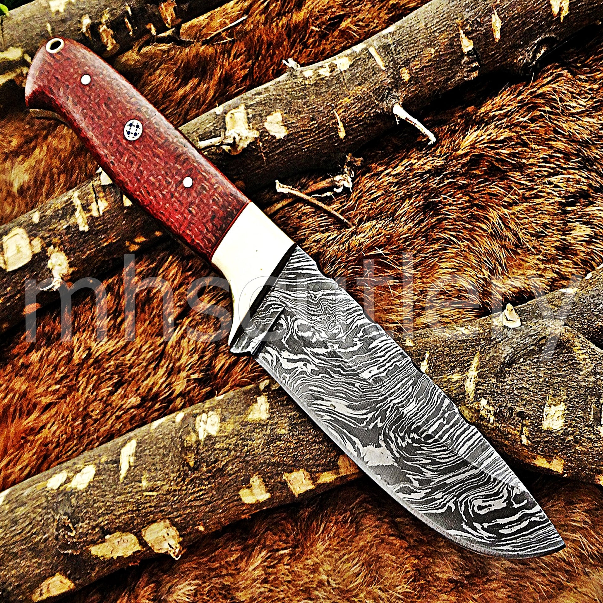 Handmade Damascus Steel Hunting Skinner Knife / Red Micarta | mhscutlery