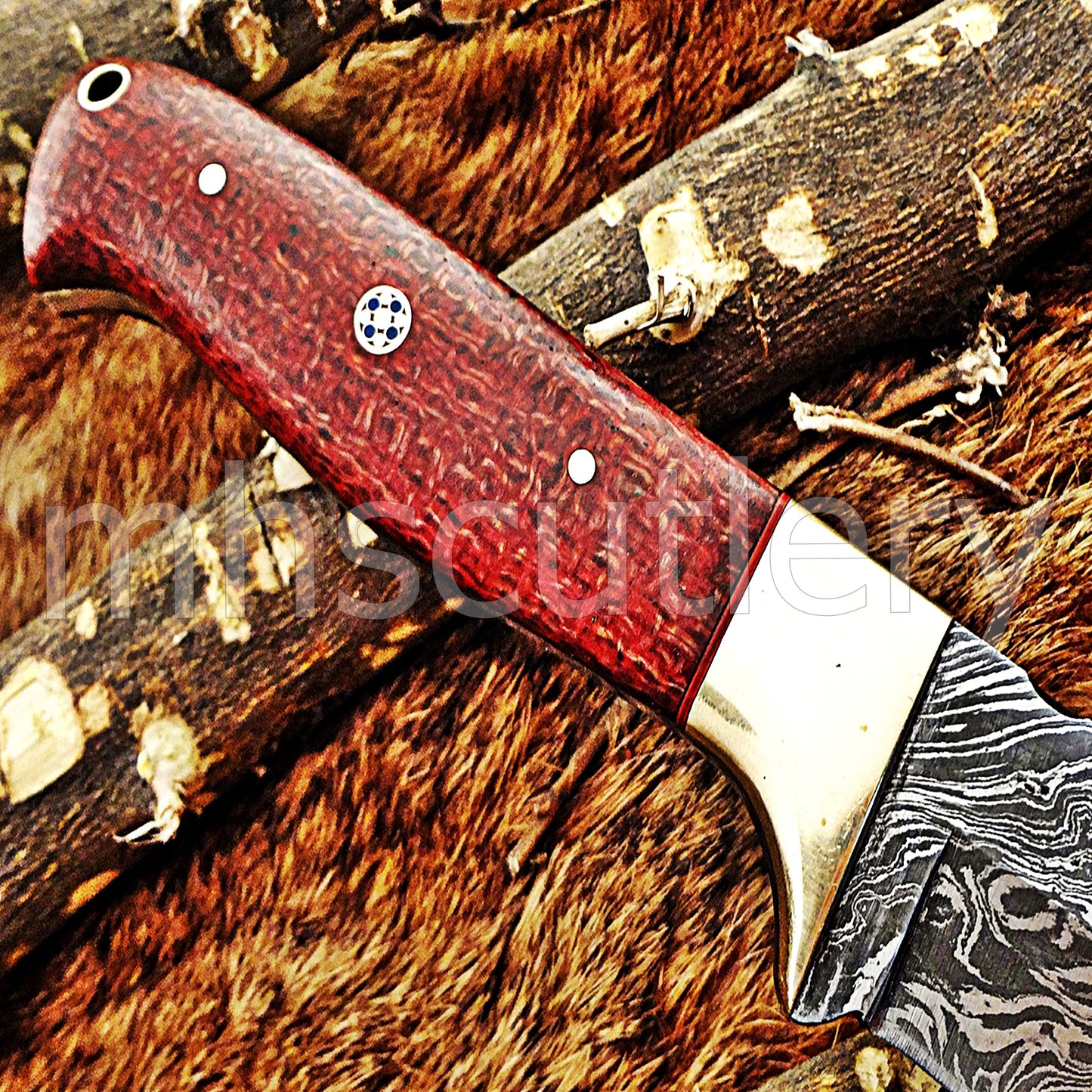 Handmade Damascus Steel Hunting Skinner Knife / Red Micarta | mhscutlery