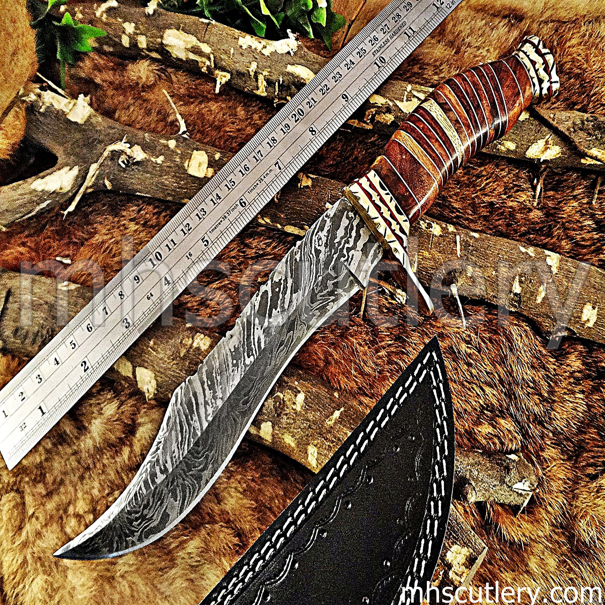 Hand Forged Damascus Steel Bowie Hunting Knife / Fancy Handle | mhscutlery