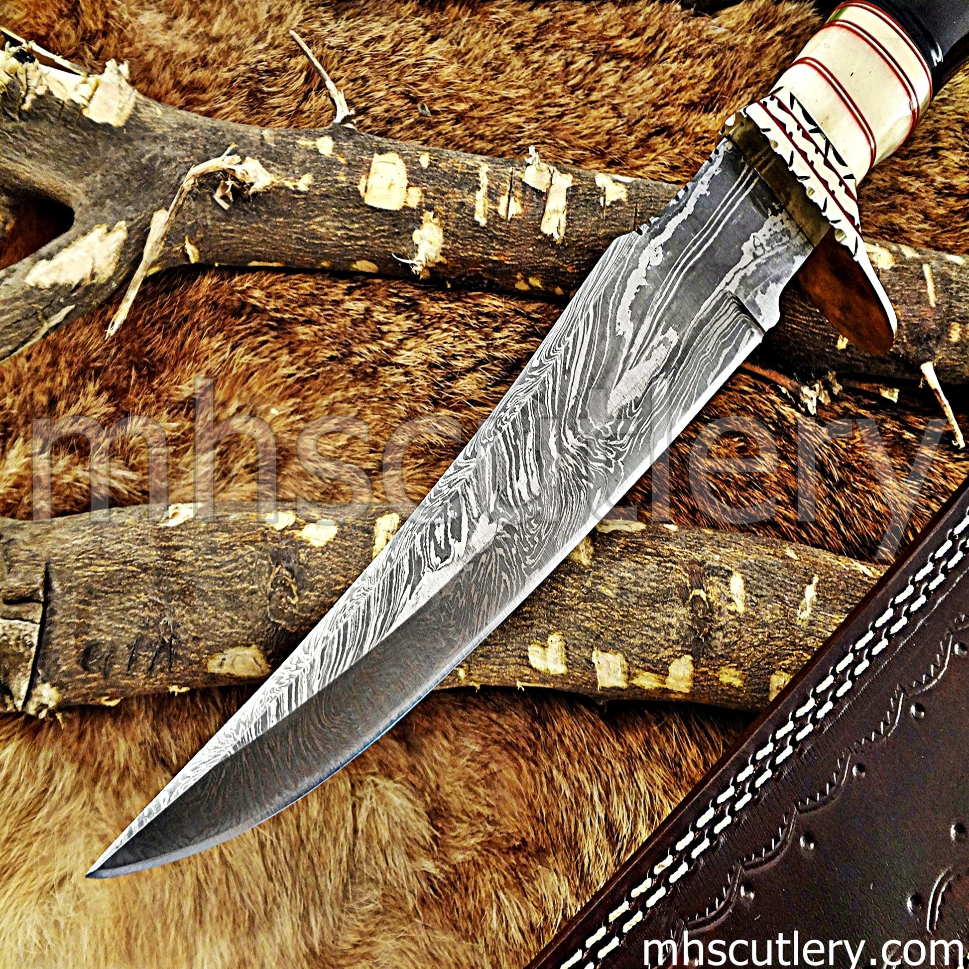 Damascus Steel Hunting Bowie Knife / Natural Handle | mhscutlery