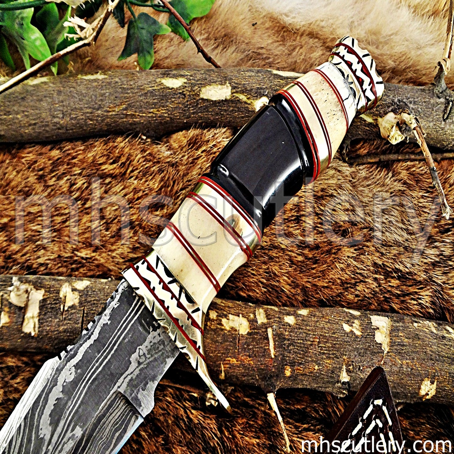 Damascus Steel Hunting Bowie Knife / Natural Handle | mhscutlery